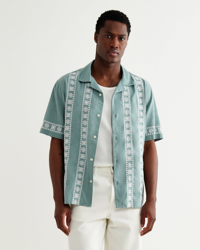 Wax London Didcot - Sea Green And Ecru Embroidered Short-Sleeve Shirt outlook
