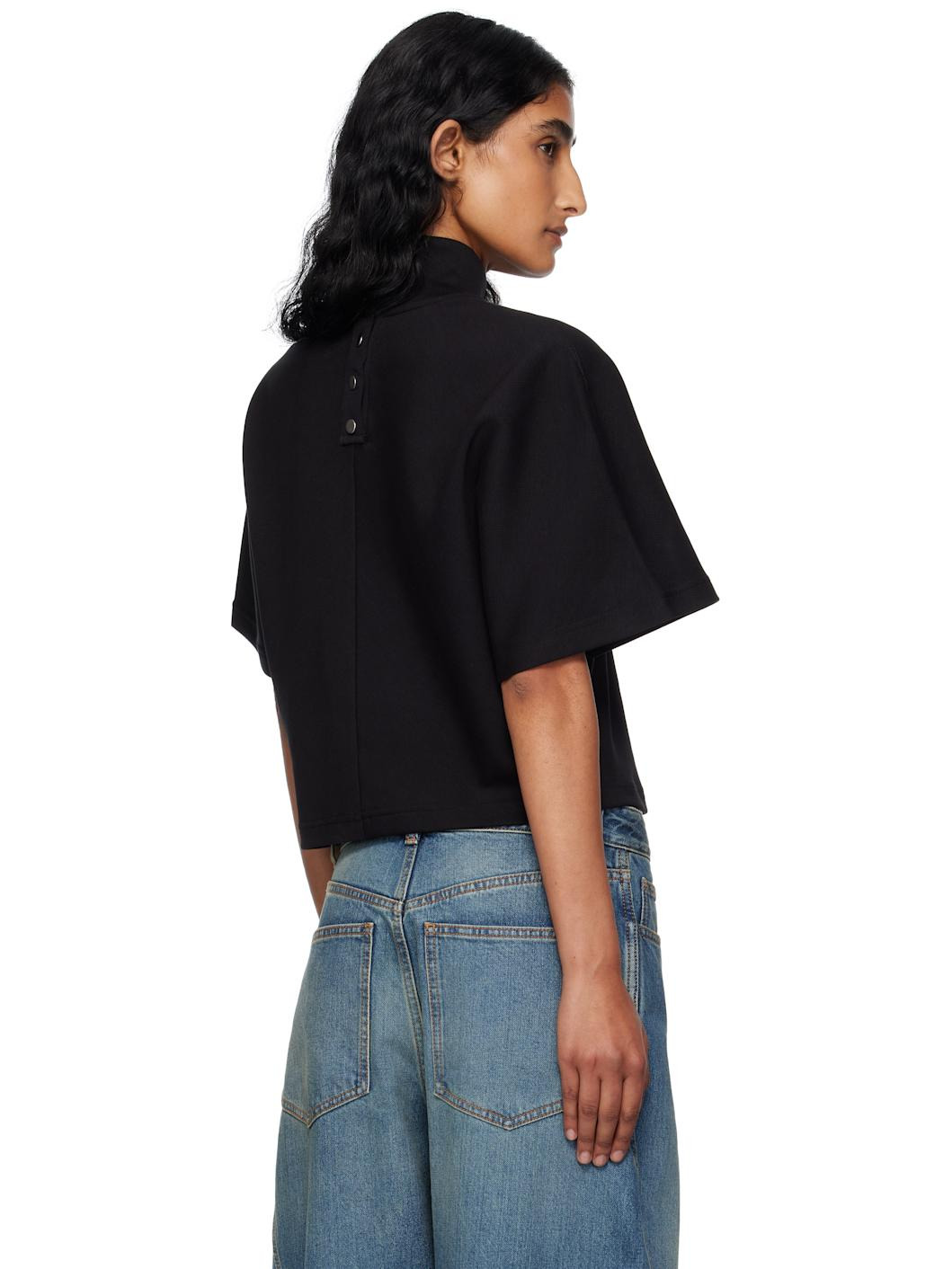 Black Ribbed Cotton High Neck T-shirt - 3