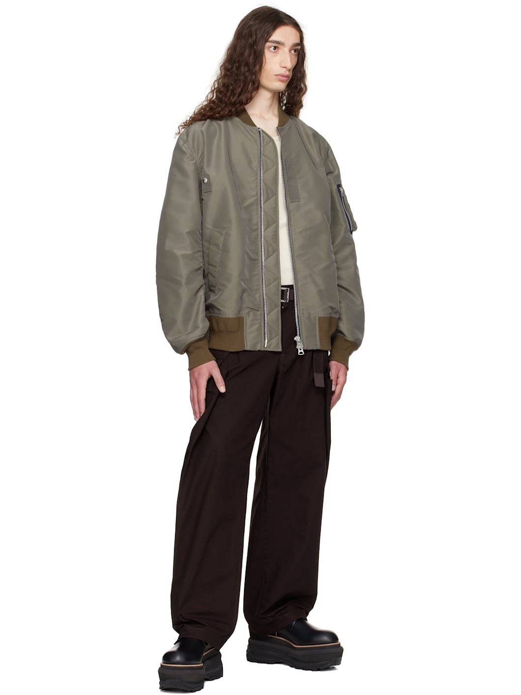 Taupe Nylon Twill Bomber Jacket - 4