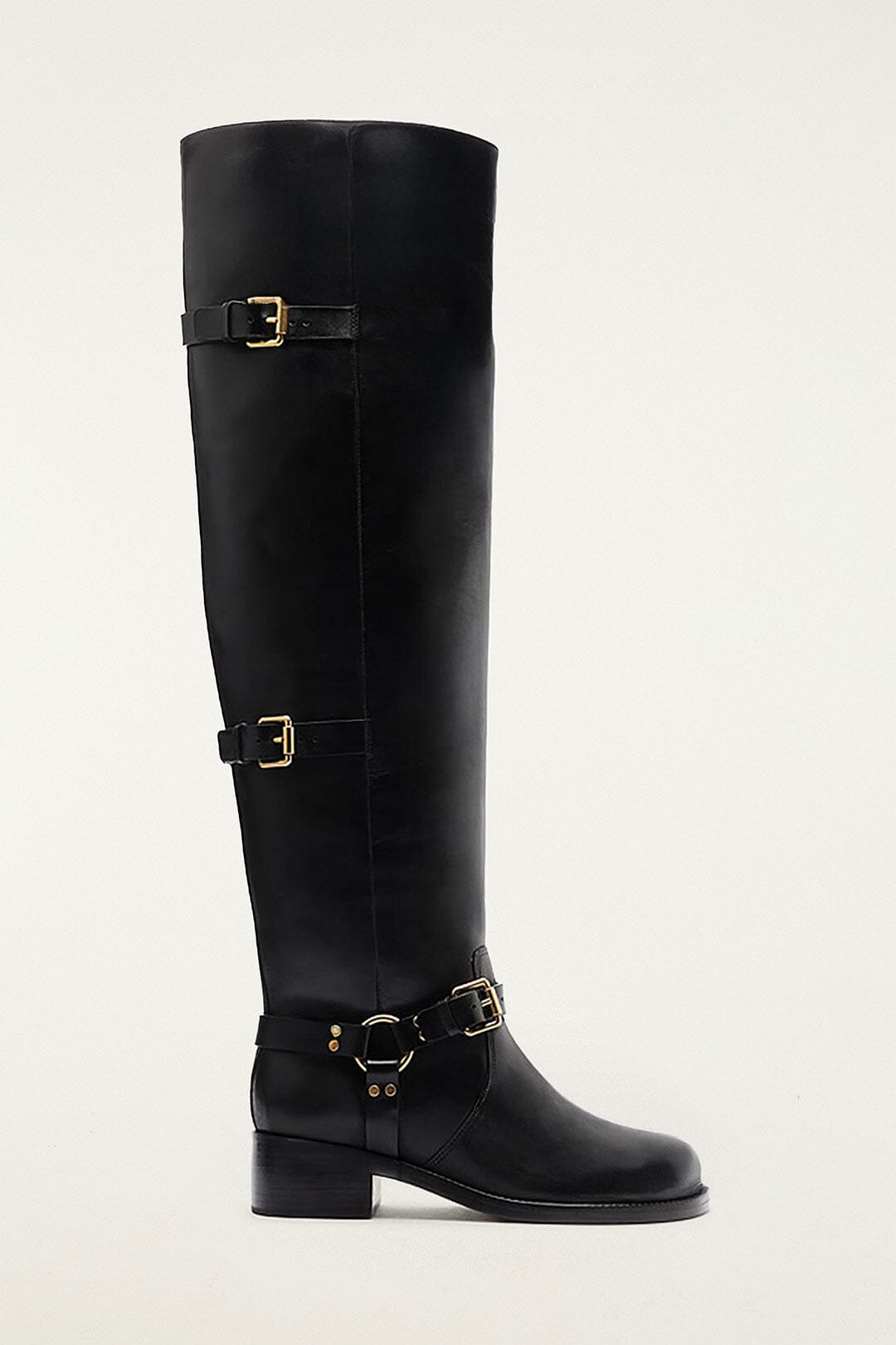 Black Distressed Leather Buckled Over-The-Knee Boot - 3