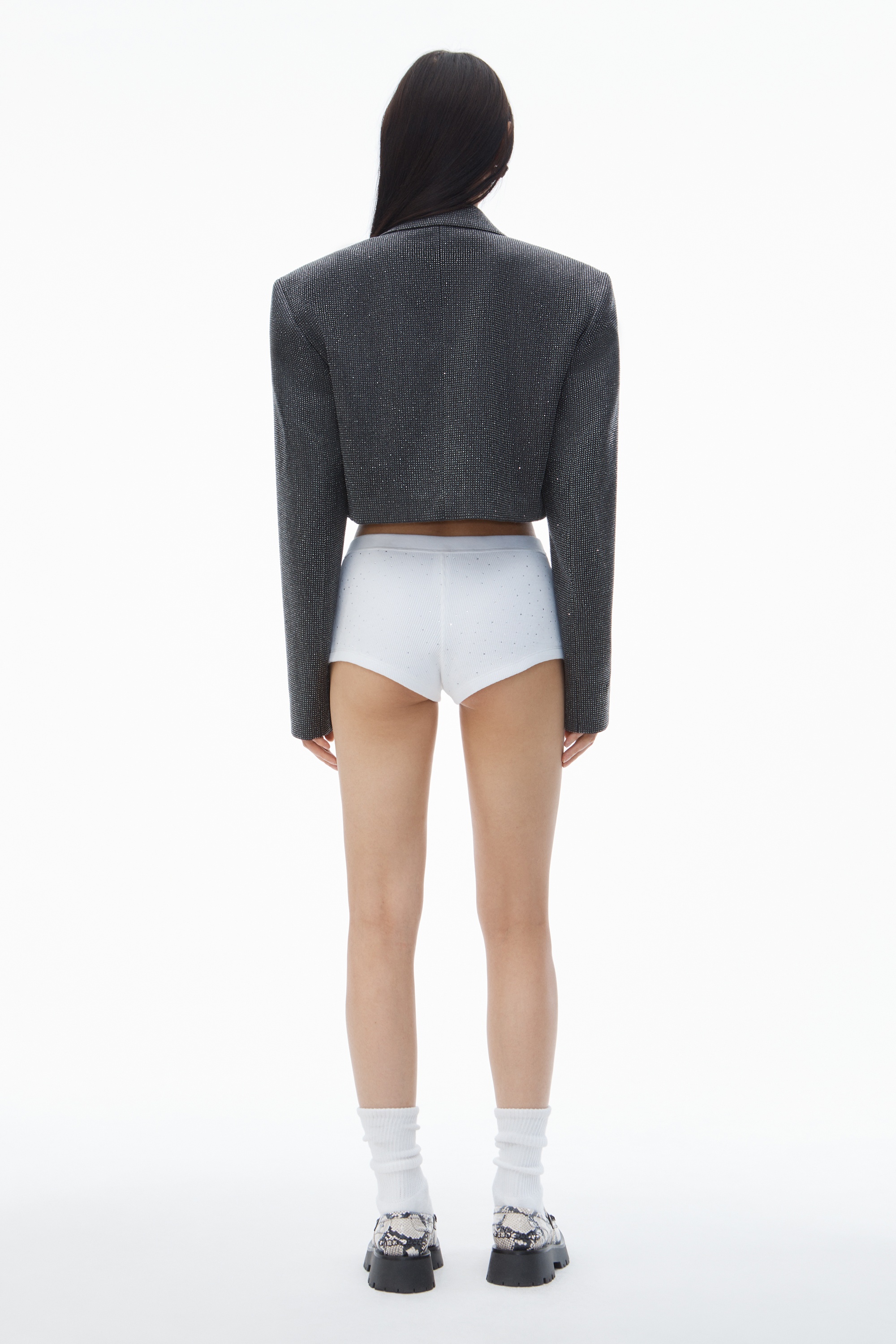Cropped Blazer in Wool Twill with Clear Bead Hotfix - 6