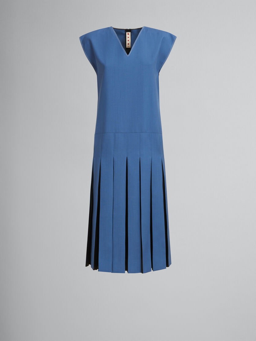 BLUE TROPICAL WOOL DRESS WITH CONTRAST PLEATS - 1