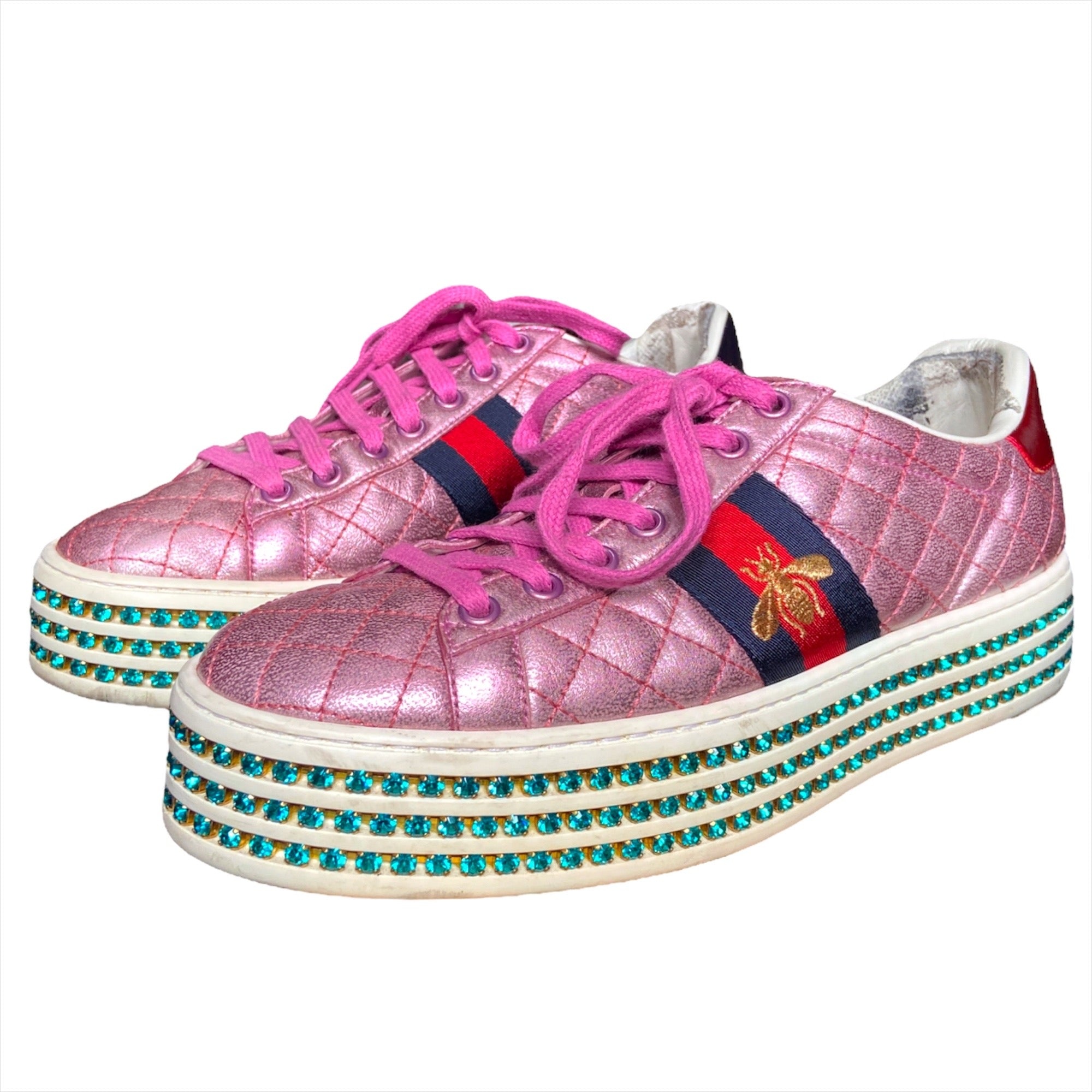 Gucci Swarovski crystal embellished pink platform ace sneaker 37.5 - 1
