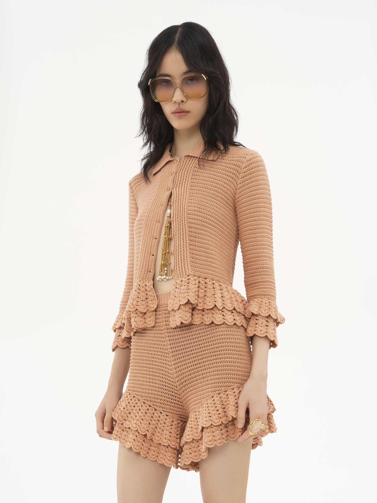 FITTED RUFFLED CARDIGAN IN CROCHET KNIT - 4