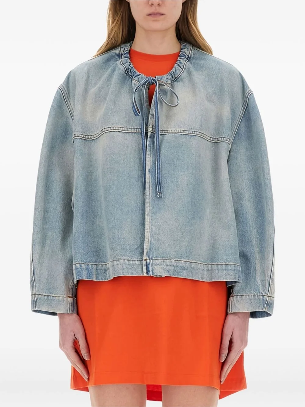drawstring-collar denim jacket - 1