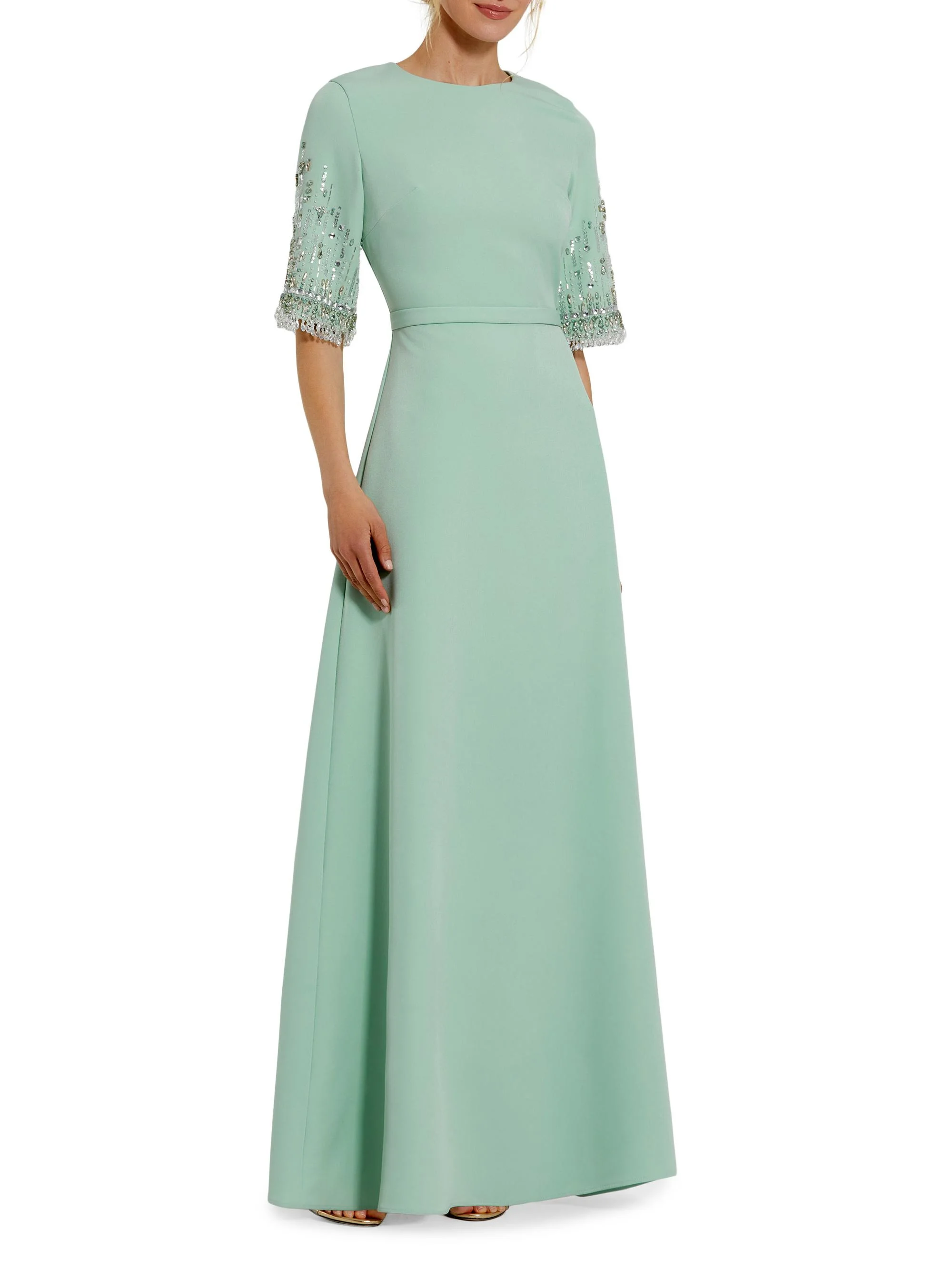 Women's Crêpe Beaded-Sleeve A-Line Gown - Sage - 1