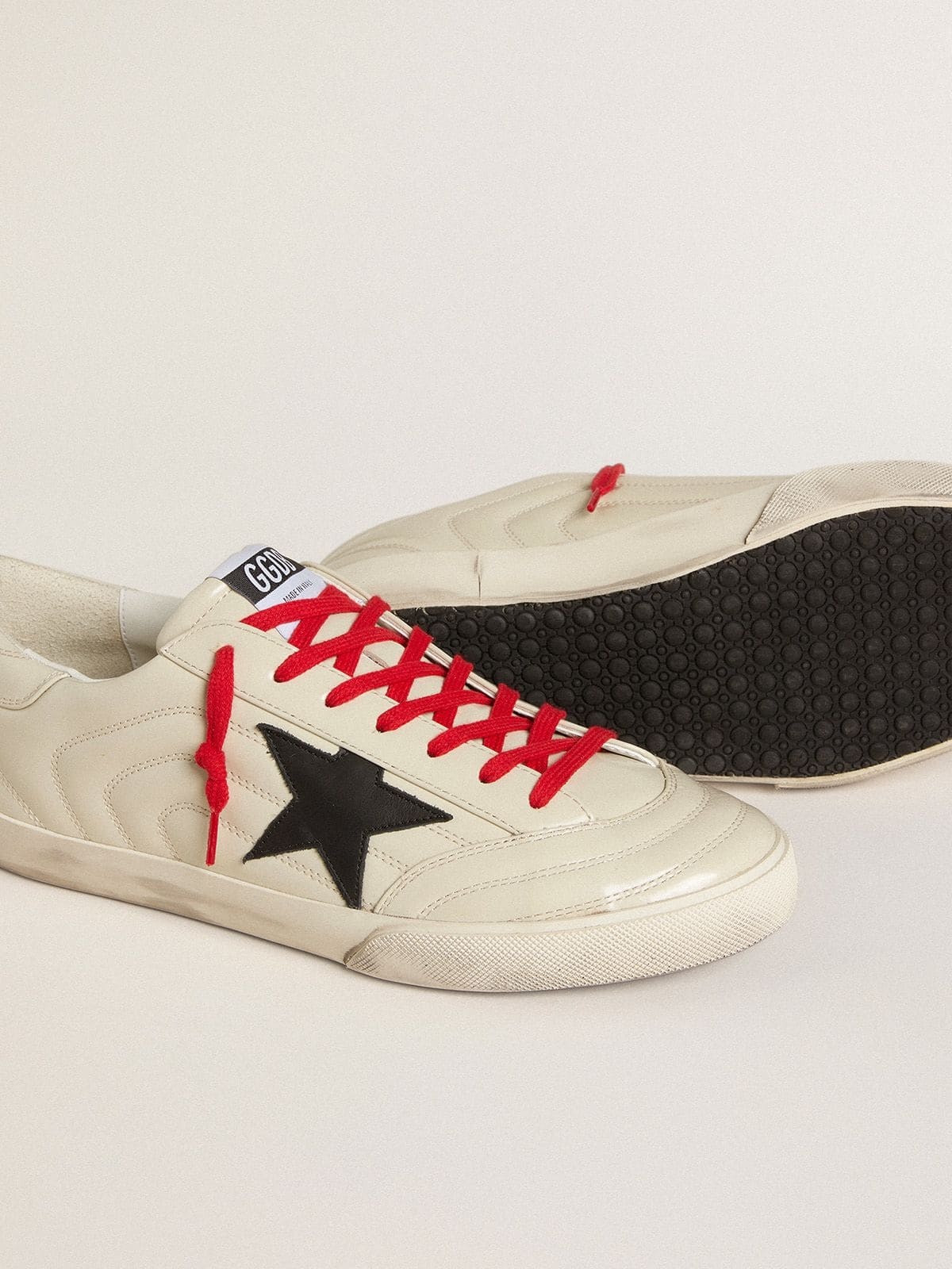 Men's Super-Star in glossy white matelassé leather with black leather star - 3