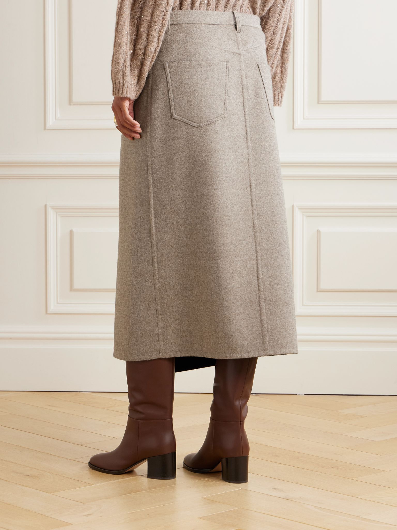 Asymmetric brushed-wool midi wrap skirt Beige - 4