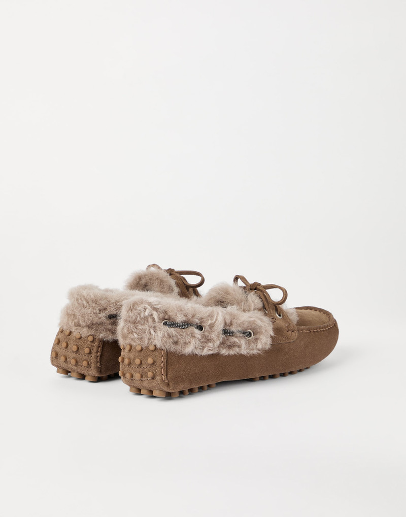 Brunello Cucinelli Suede driving loafers with monili and shearling lining outlook