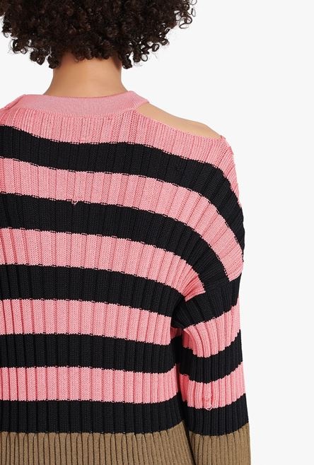 Salmon pink and black striped eco-designed wool dress - 9