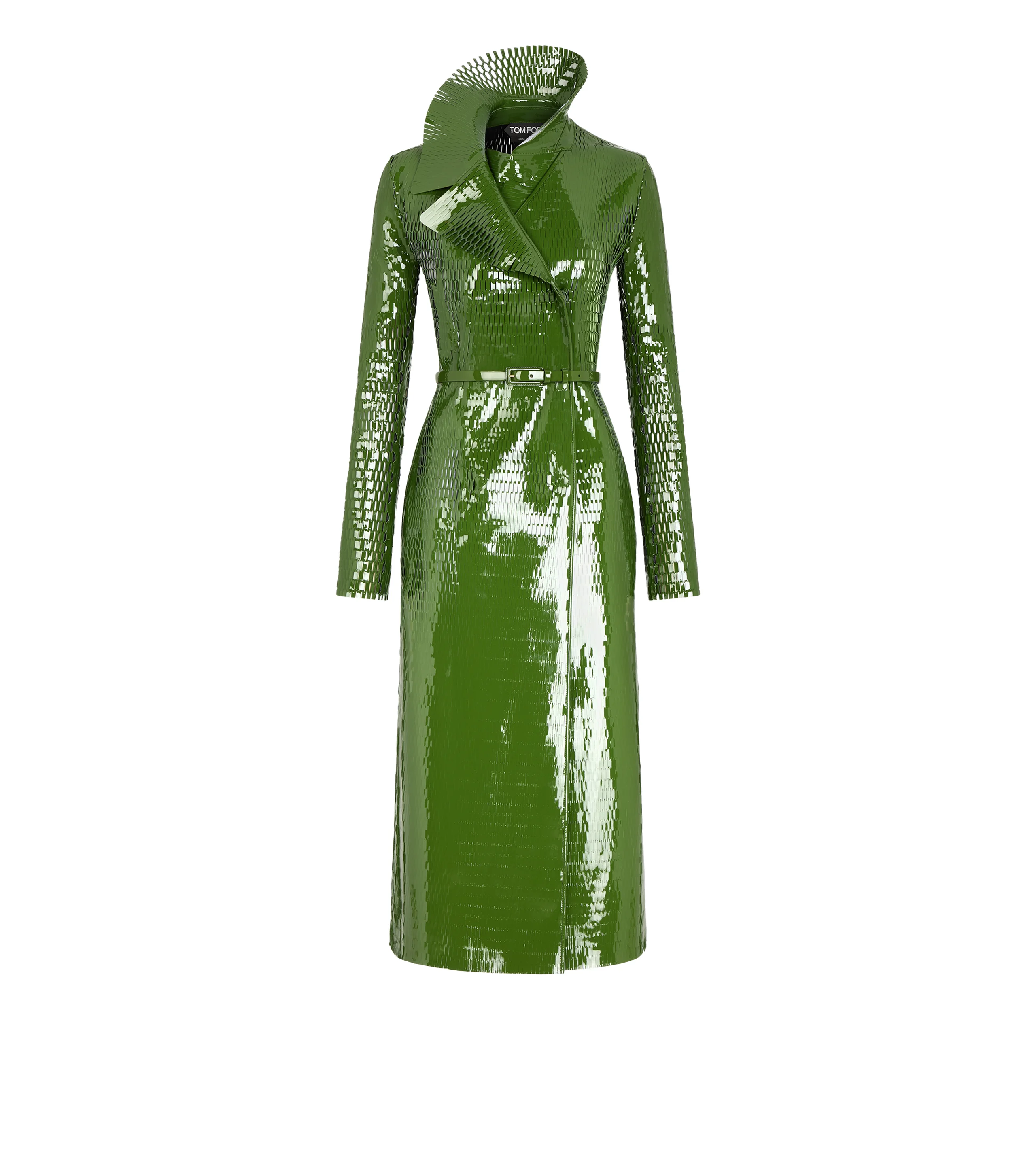 PERFORATED PATENT CALF LEATHER DOUBLE BREASTED TRENCH COAT WITH SELF BELT - 1