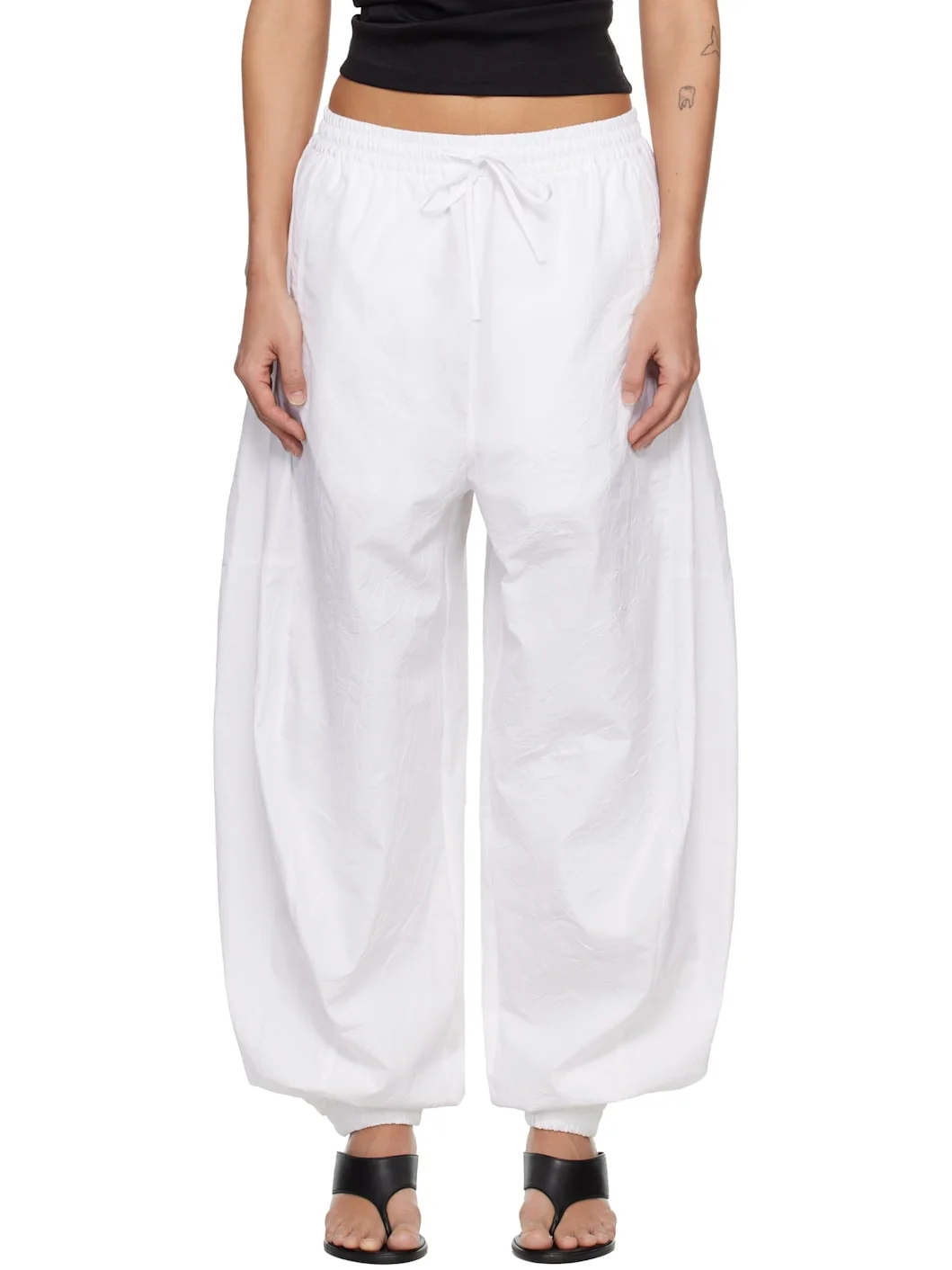 White Volume Crushed Cotton Trousers - 1