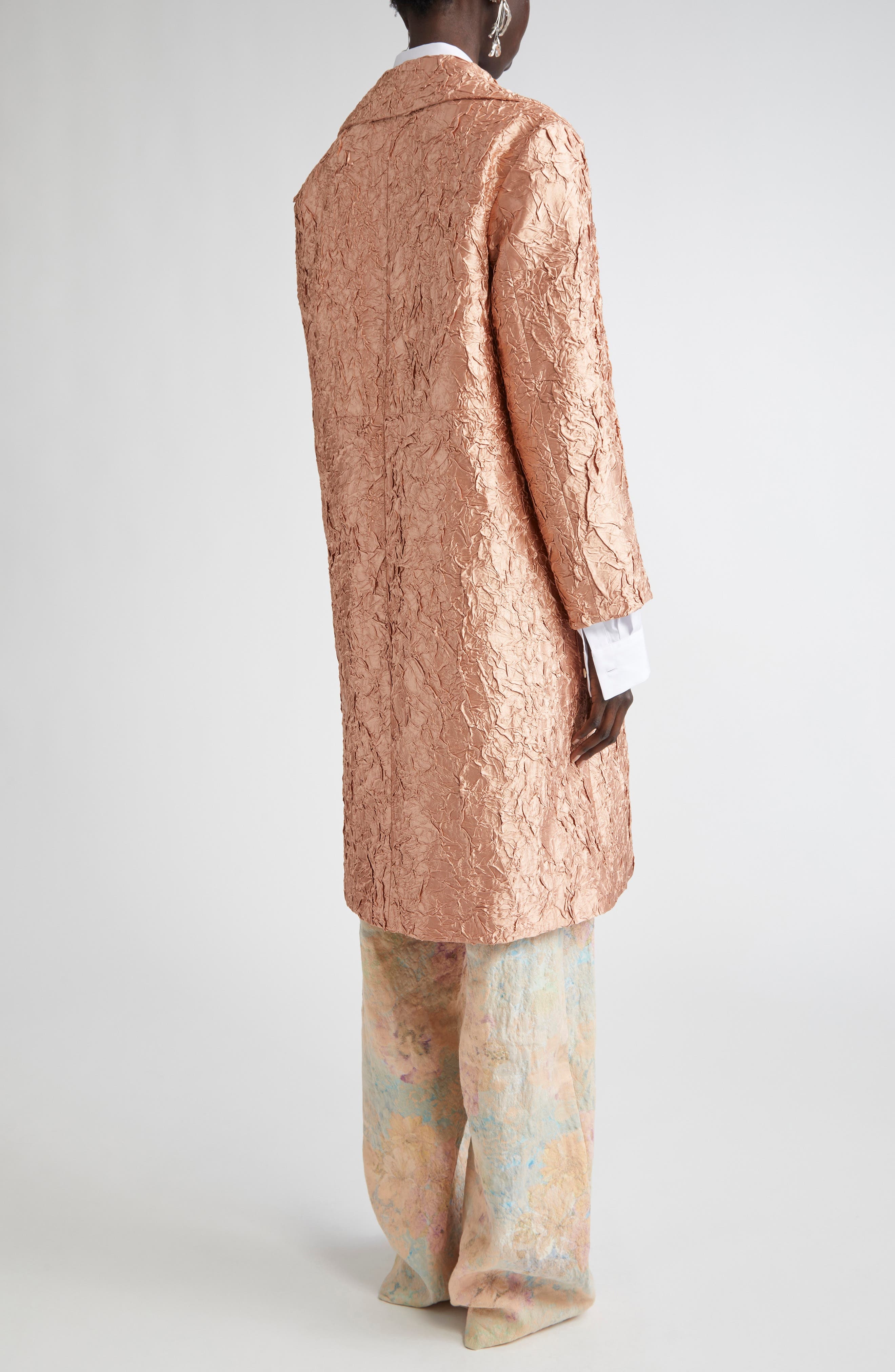Dries Van Noten Crinkle Finish Velveteen Coat in Peach at Nordstrom - 3