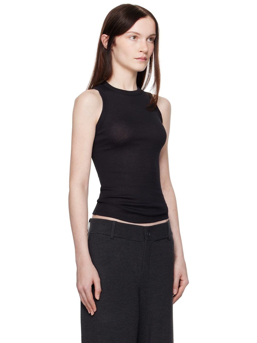 Black Ribbed High Neck Tank Top - 2