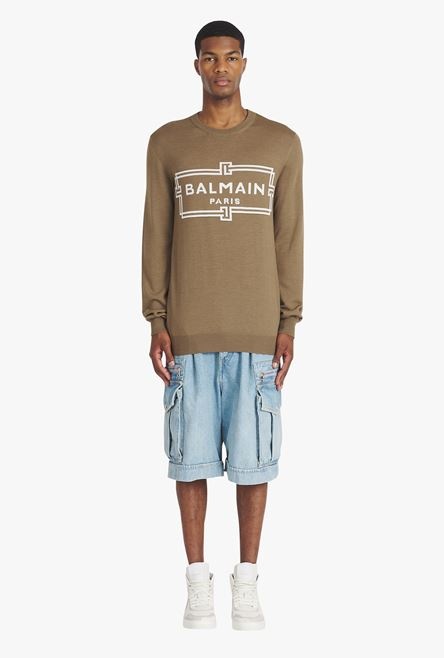 Taupe wool sweater with ecru Balmain Paris logo - 4
