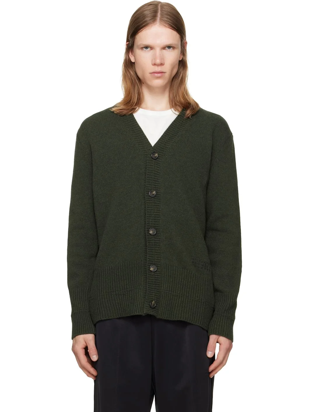 Khaki Wool V-Neck Cardigan - 1
