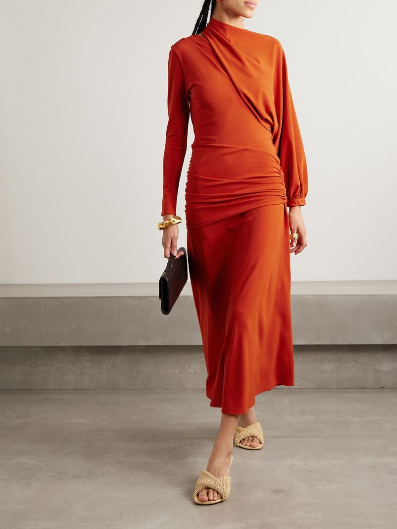 Johanna Ortiz Inspiring Hearts convertible one-sleeve gathered stretch-jersey maxi dress Tomato red outlook