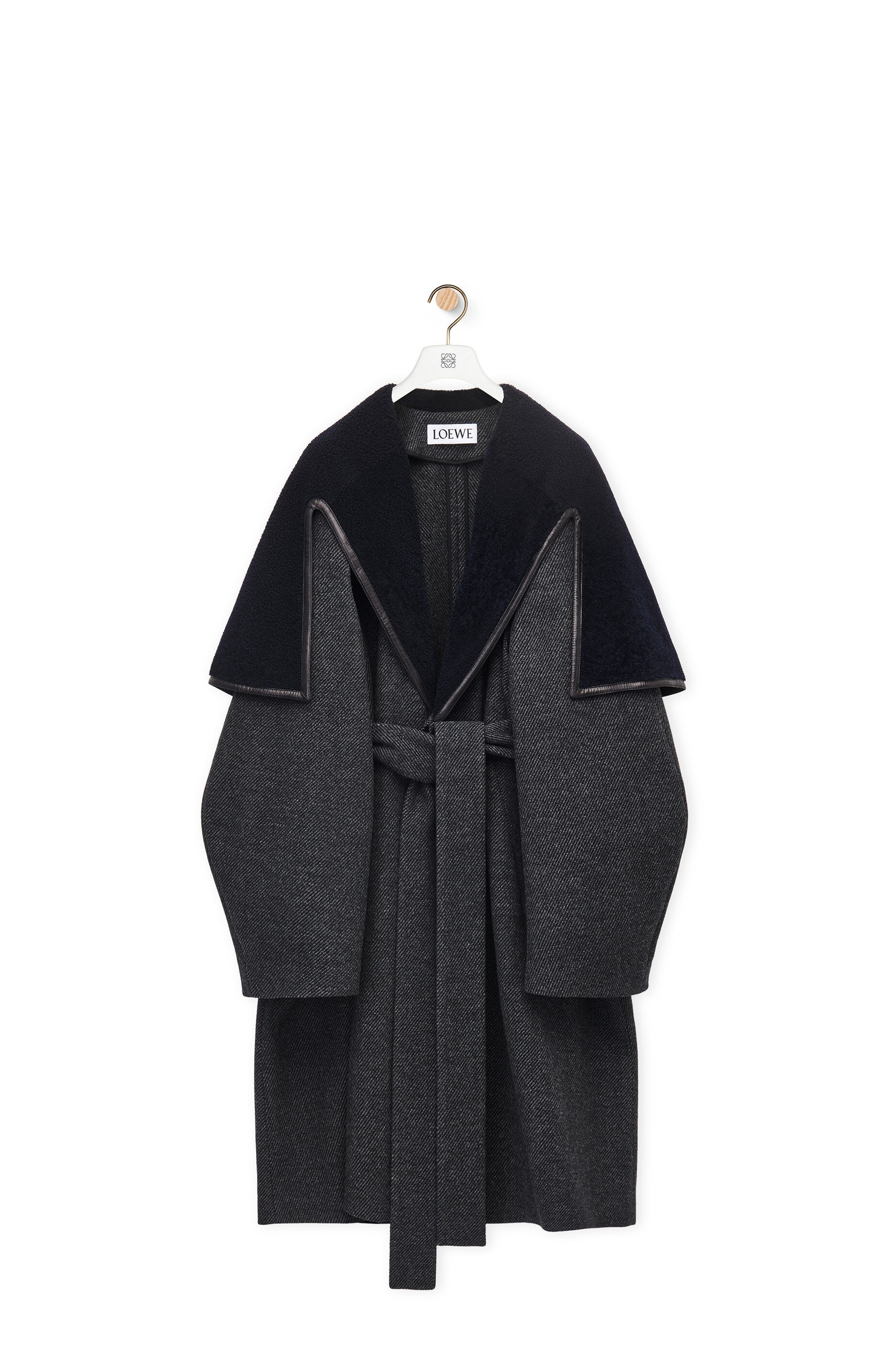 Shearling collar belted coat in wool - 1