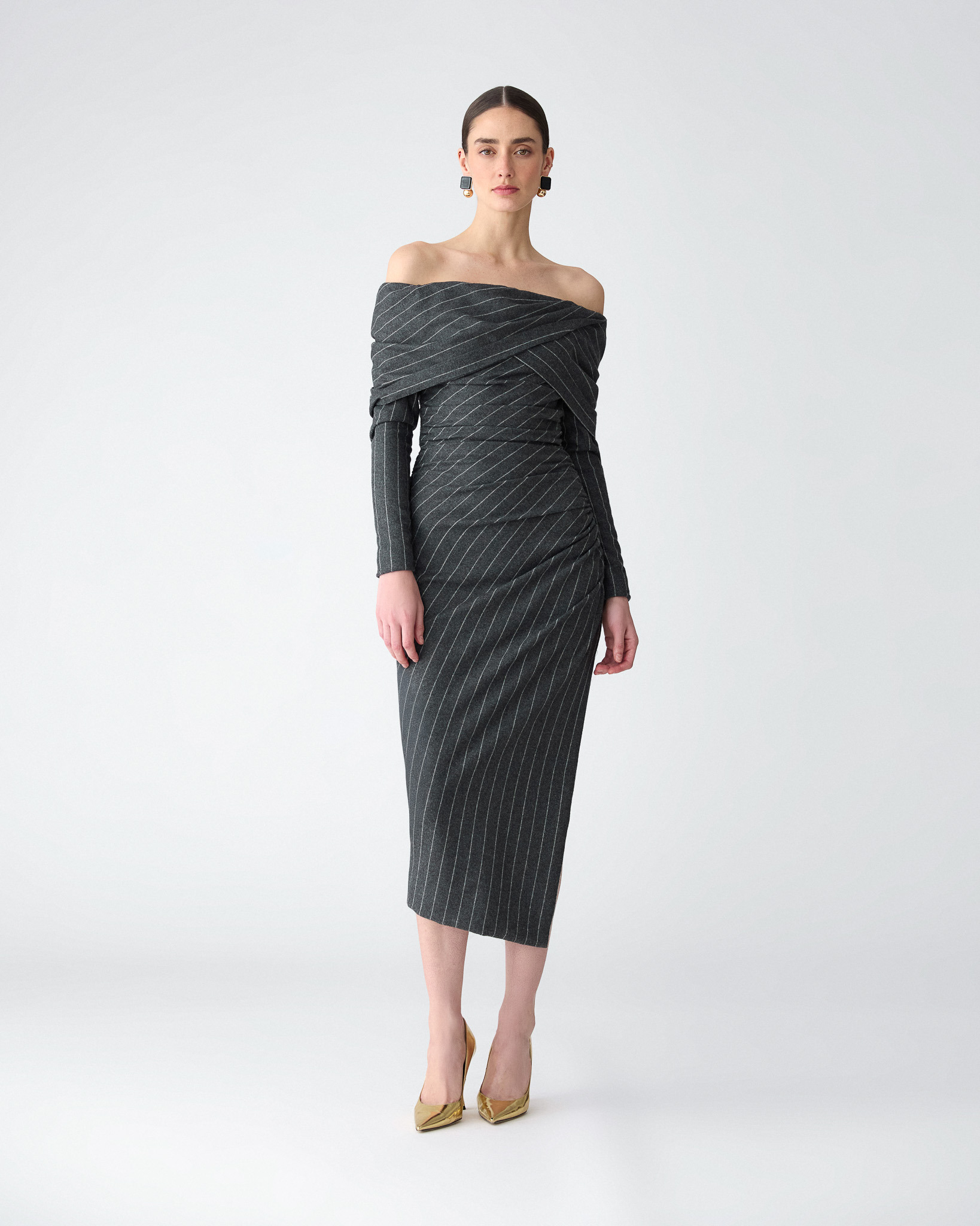 Off-Shoulder Pinstripe Midi Dress - 2