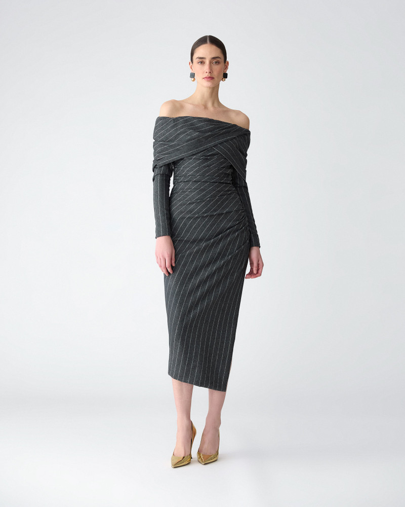 CAROLINA HERRERA Off-Shoulder Pinstripe Midi Dress outlook