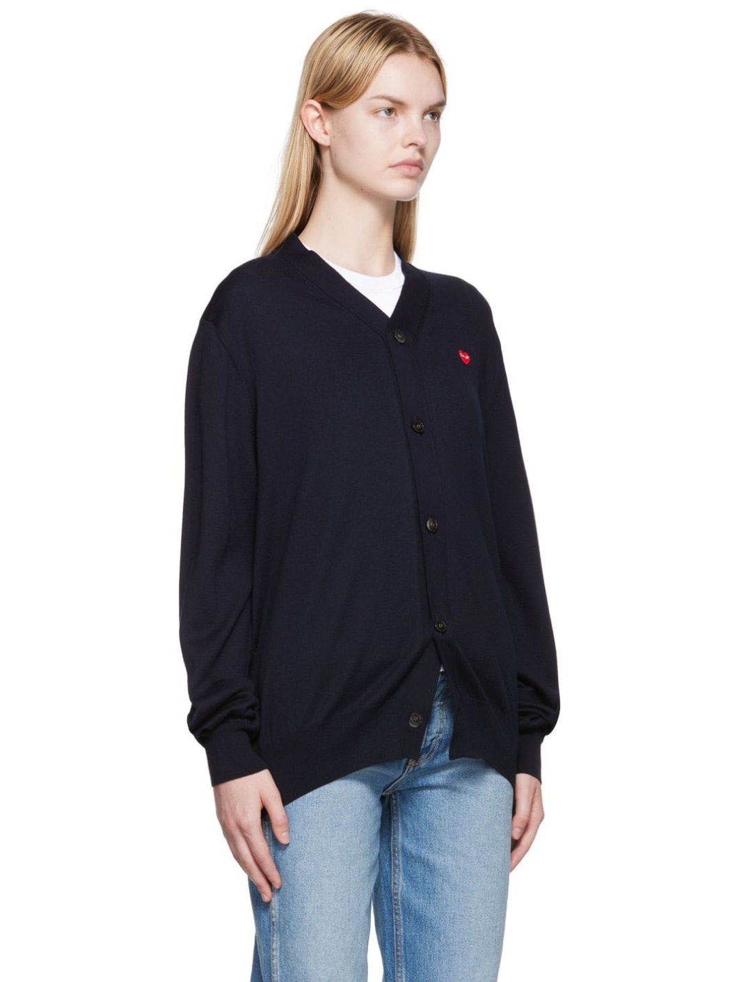 Navy & Red Small Heart Patch Cardigan - 2