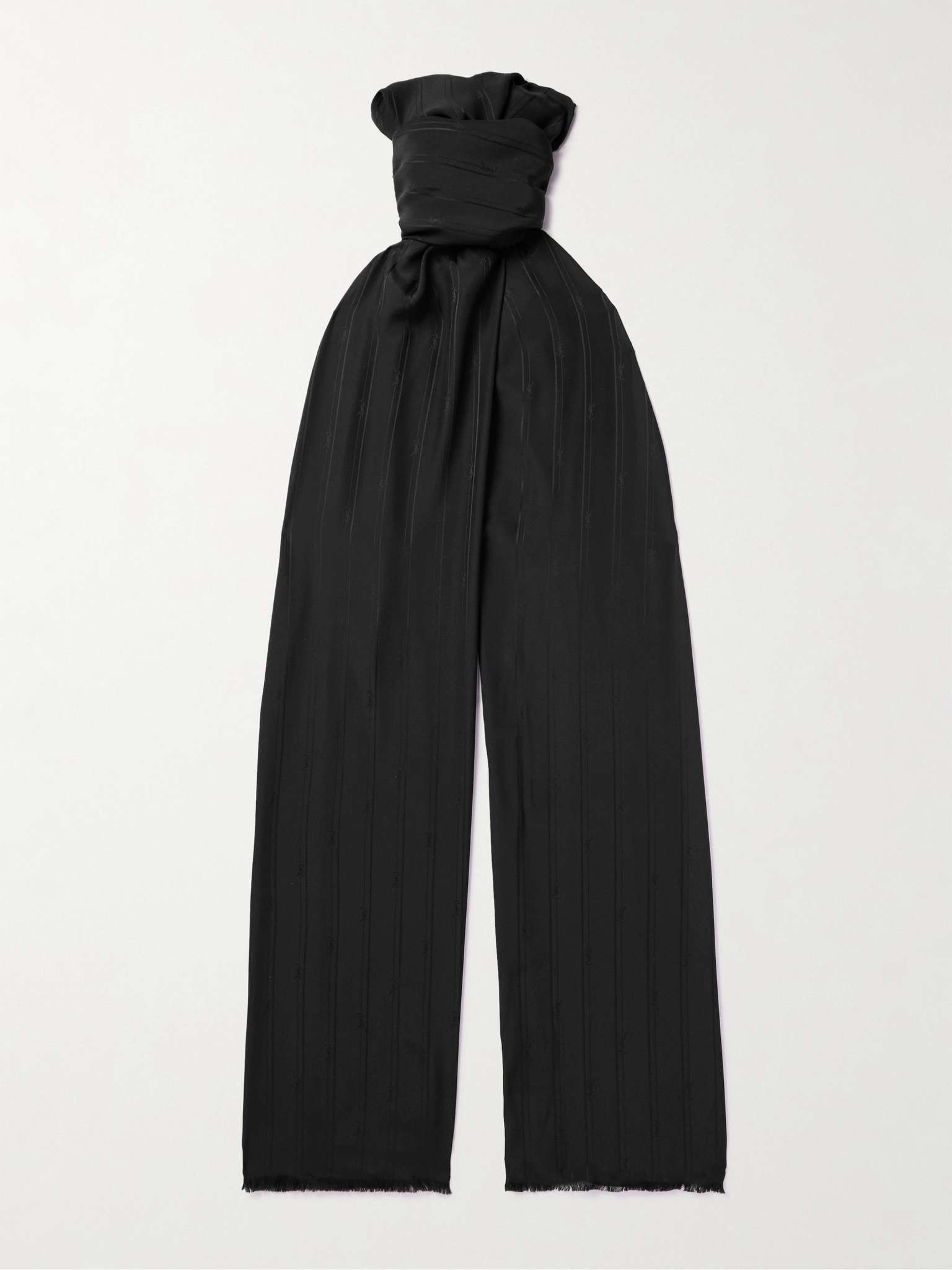 Logo-Jacquard Striped Fringed Silk Scarf - 1