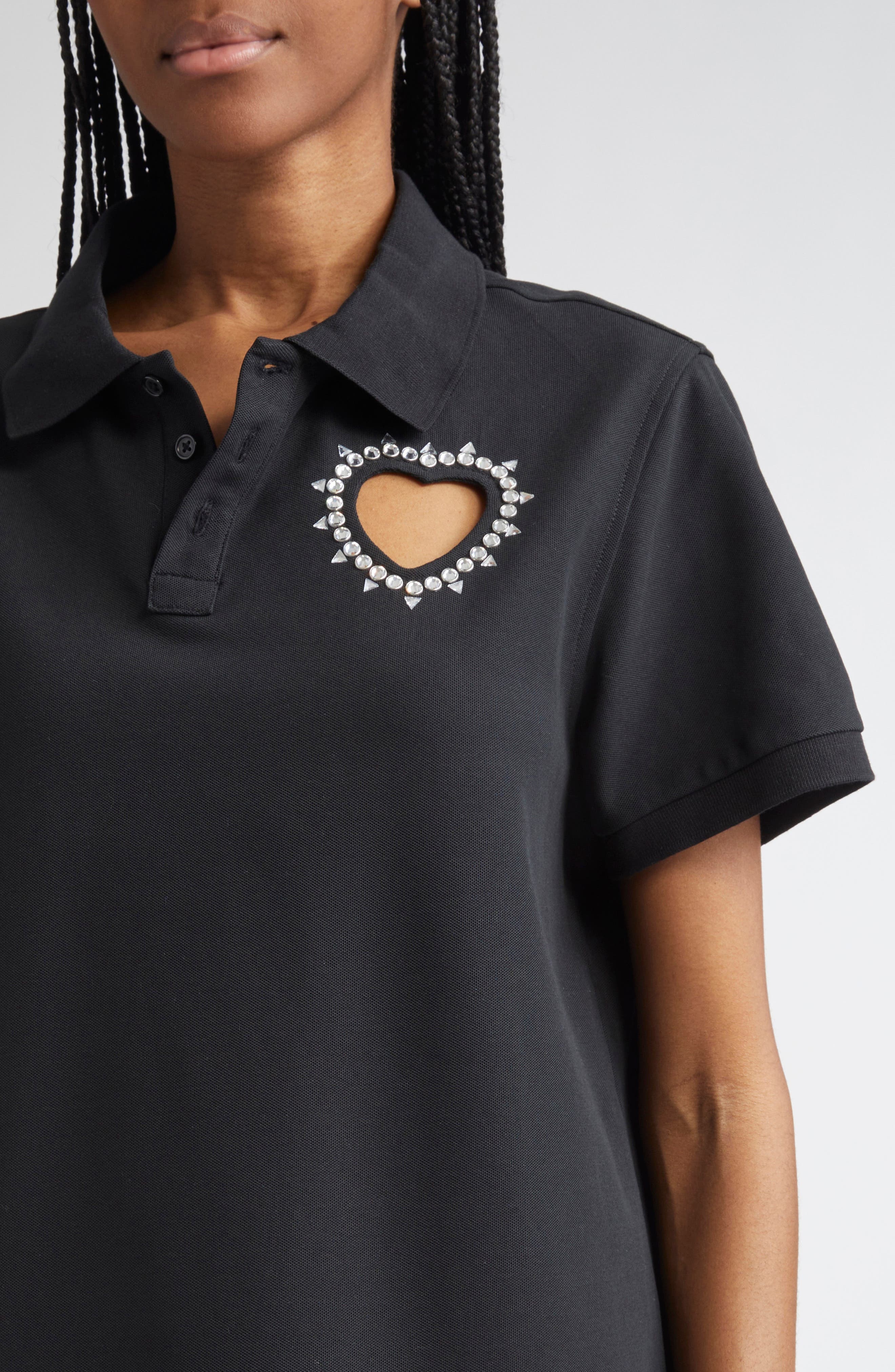 Area Crystal Trim Heart Cutout Cotton Piqué Polo Dress in Black at Nordstrom - 4