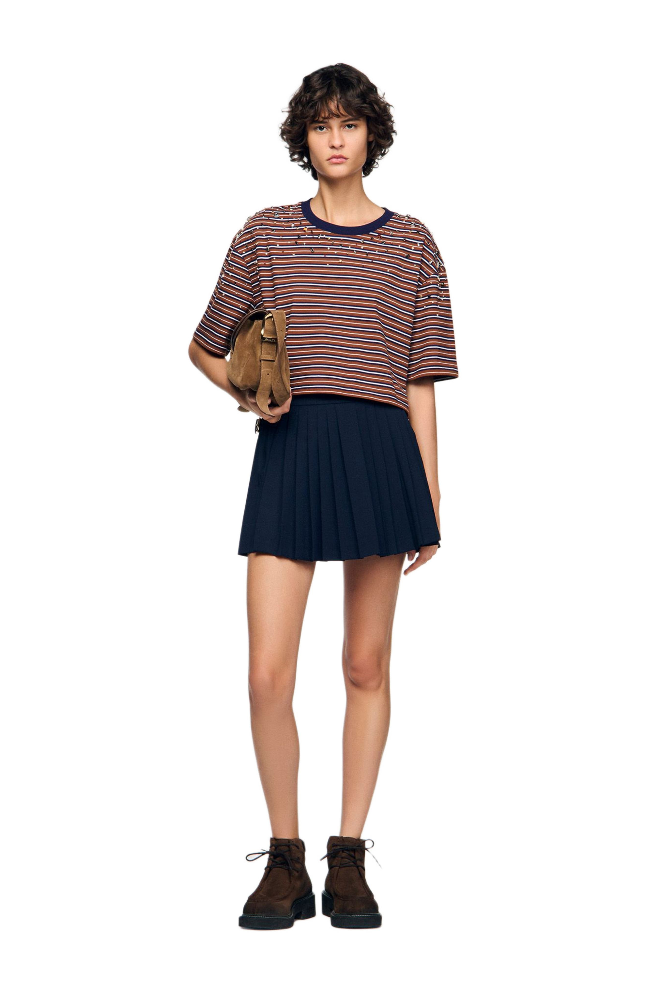 SANDRO Striped rhinestone T-shirt in Brown /Deep Blu at Nordstrom - 6