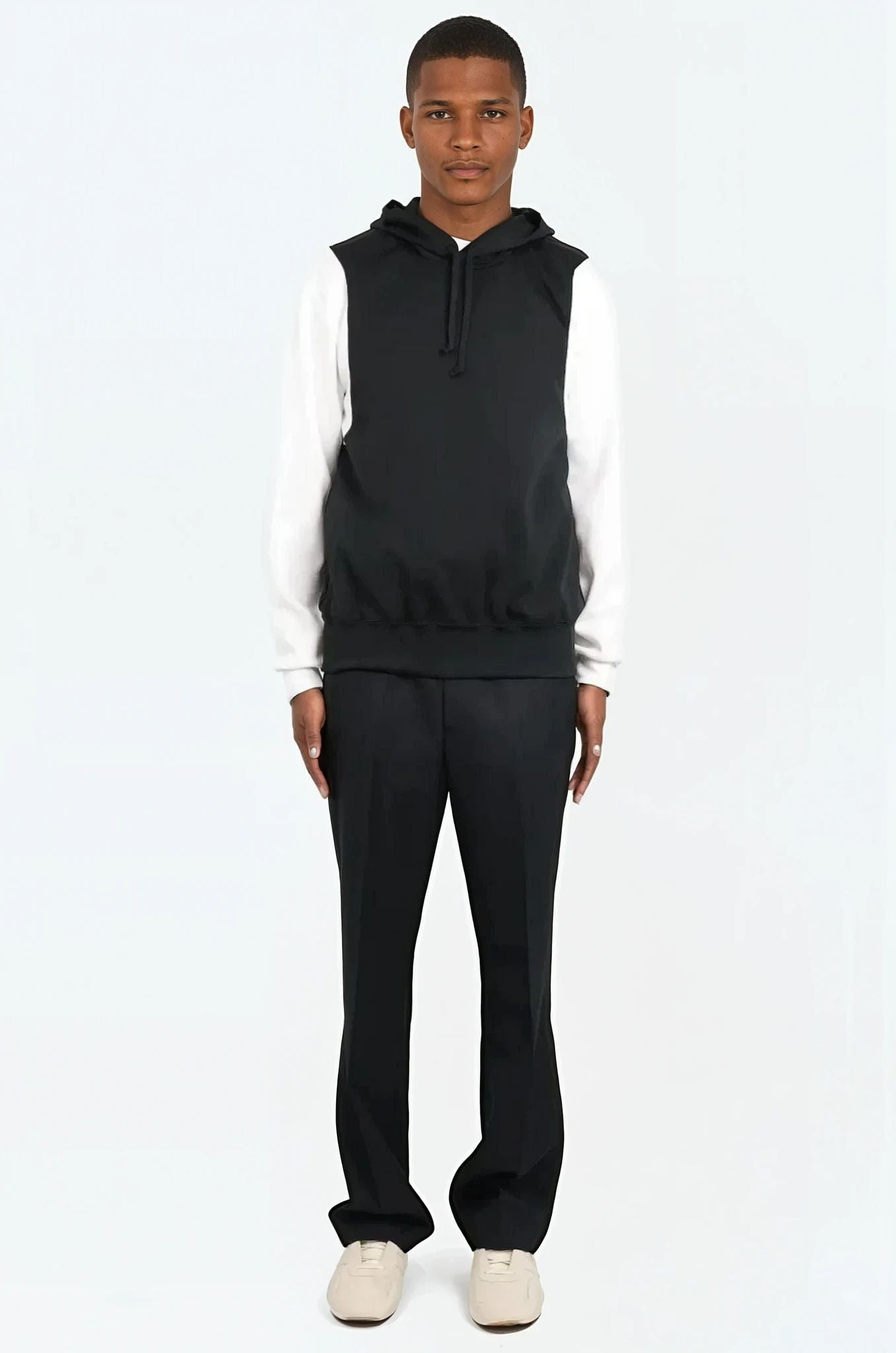 TWO LAYER CONTRAST L/S HOODIE SWEATSHIRT | BLACK/WHITE - 2