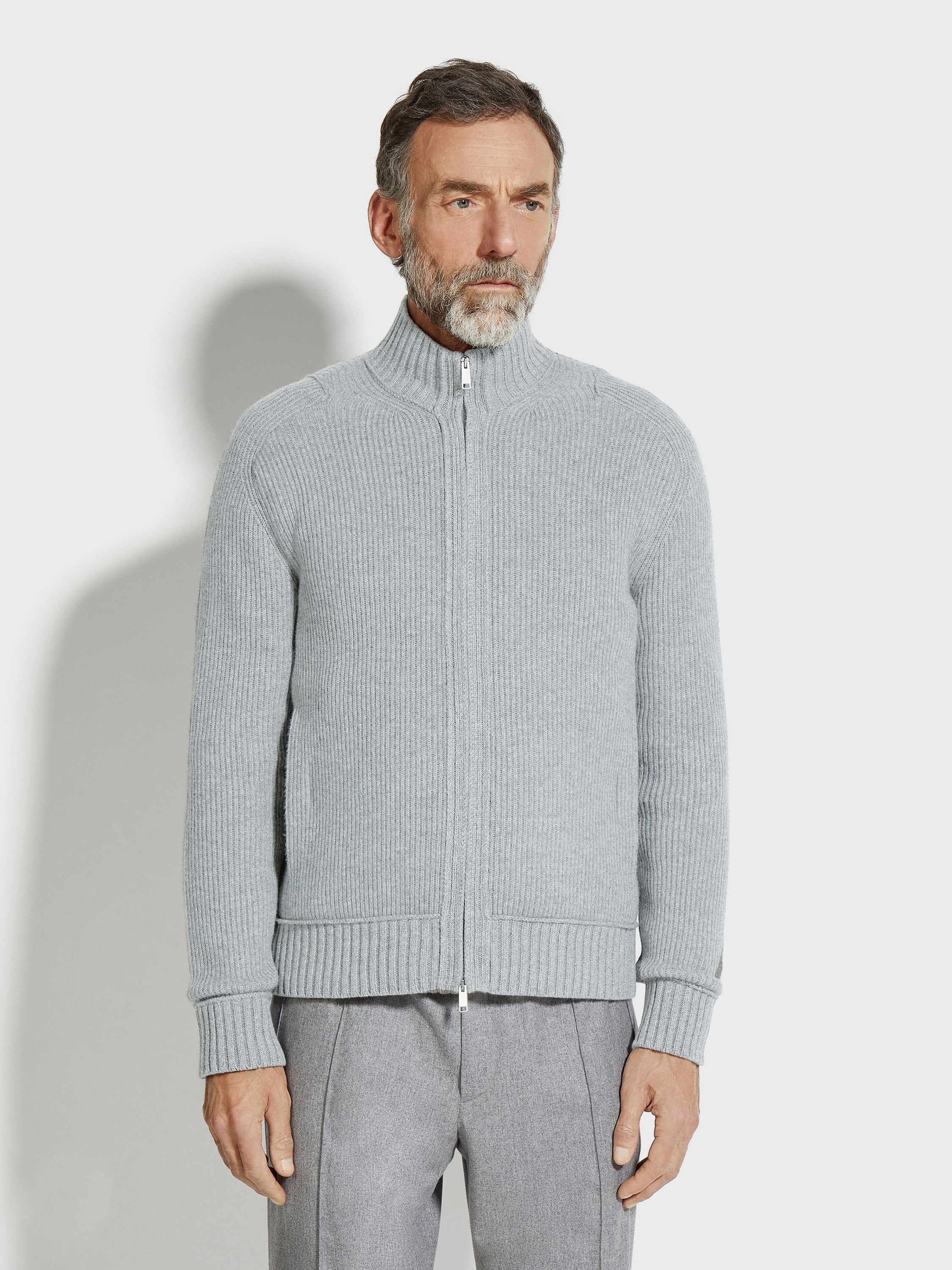 LIGHT GREY AND GREY MÉLANGE OASI CASHMERE FULL ZIP CARDIGAN - 4