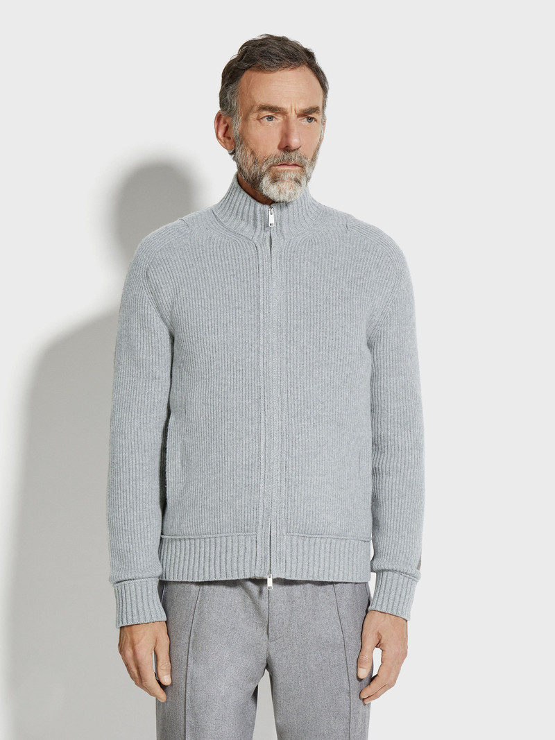 LIGHT GREY AND GREY MÉLANGE OASI CASHMERE FULL ZIP CARDIGAN 4
