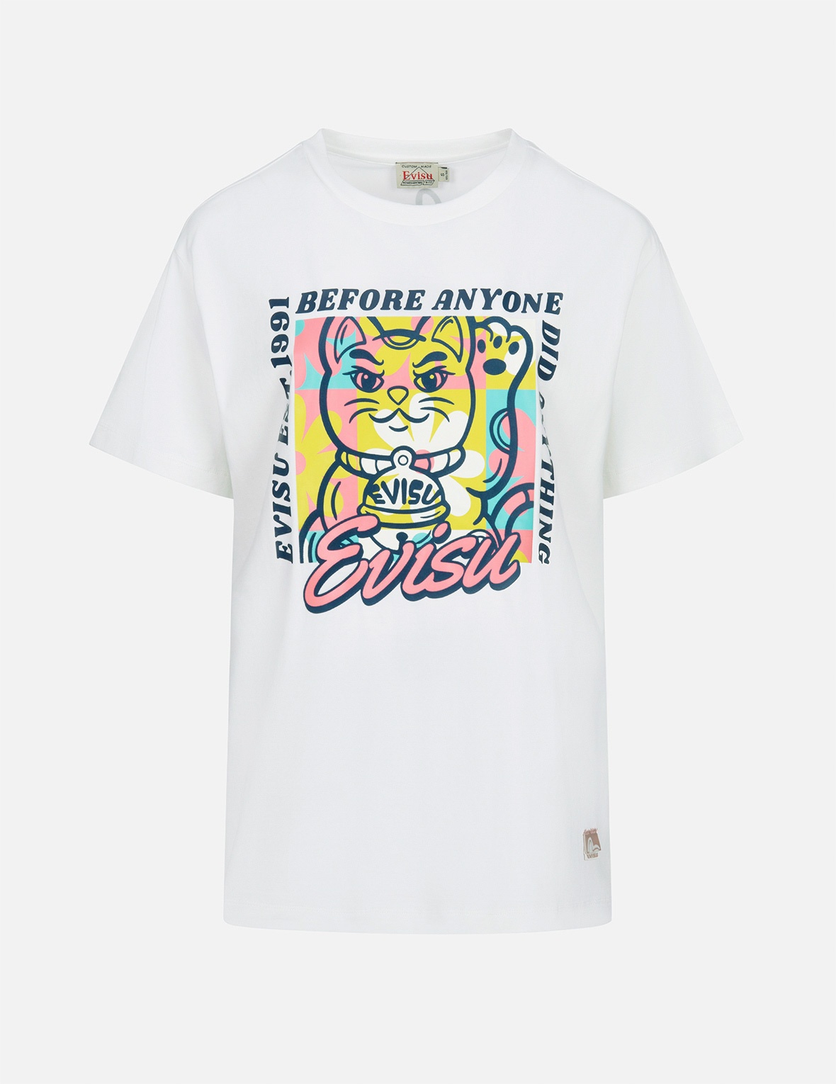 FORTUNE CAT FLOCKING WITH SLOGAN PRINT BOYFRIEND T-SHIRT - 1