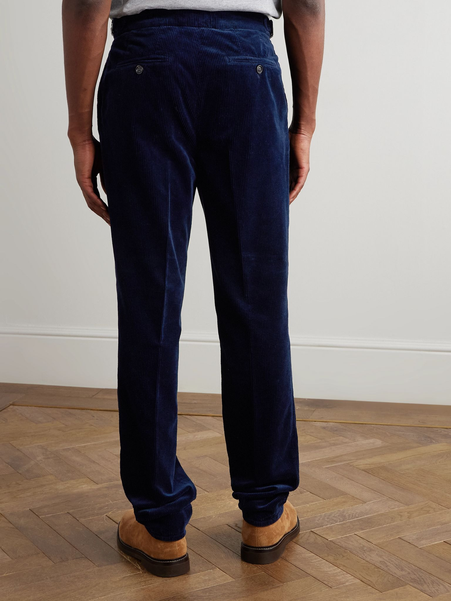 Straight-Leg Pleated Cotton-Corduroy Trousers Navy - 4