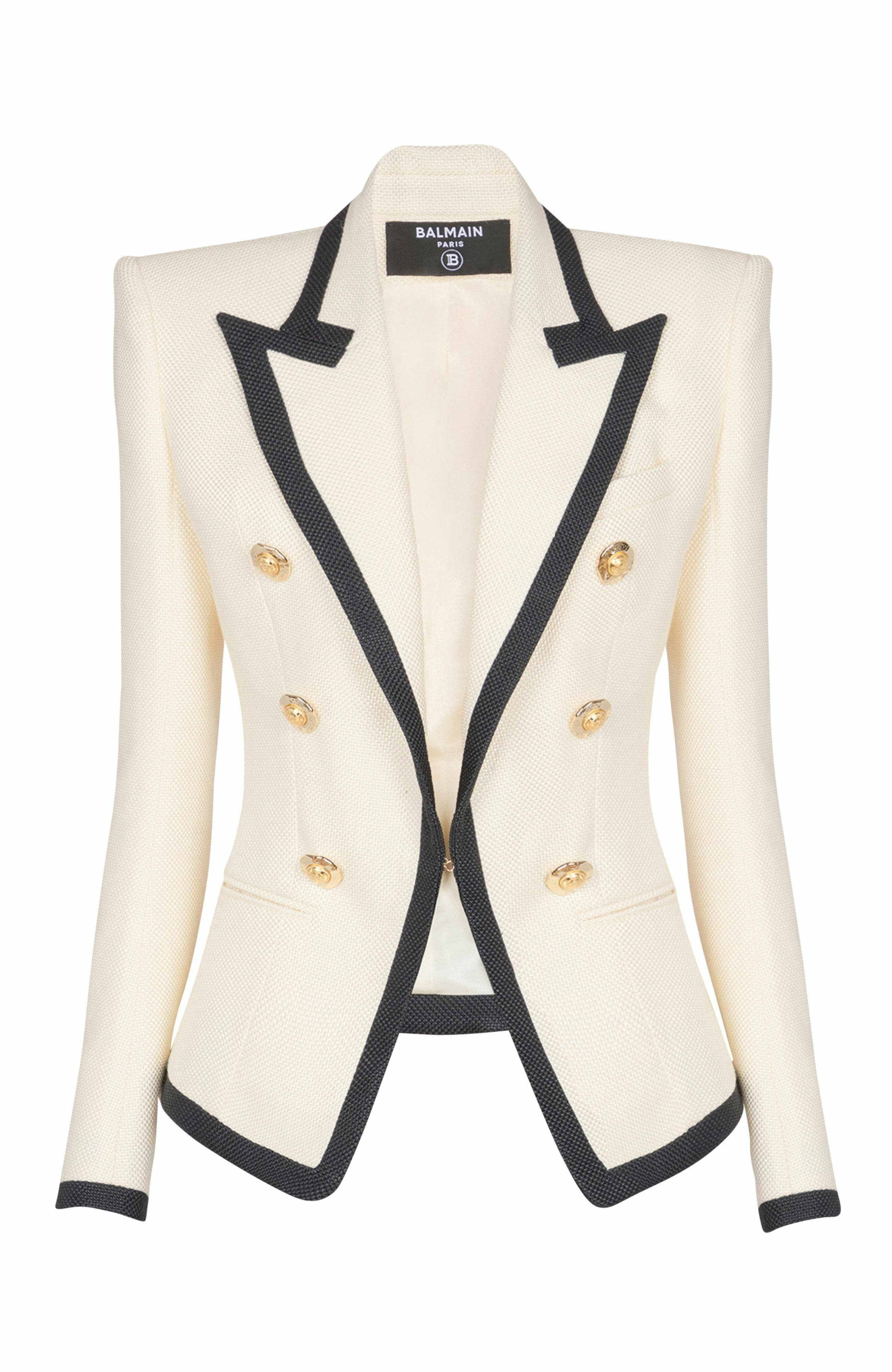 Balmain Fitted Two-Tone Basketweave Jacket in Beige at Nordstrom - 5