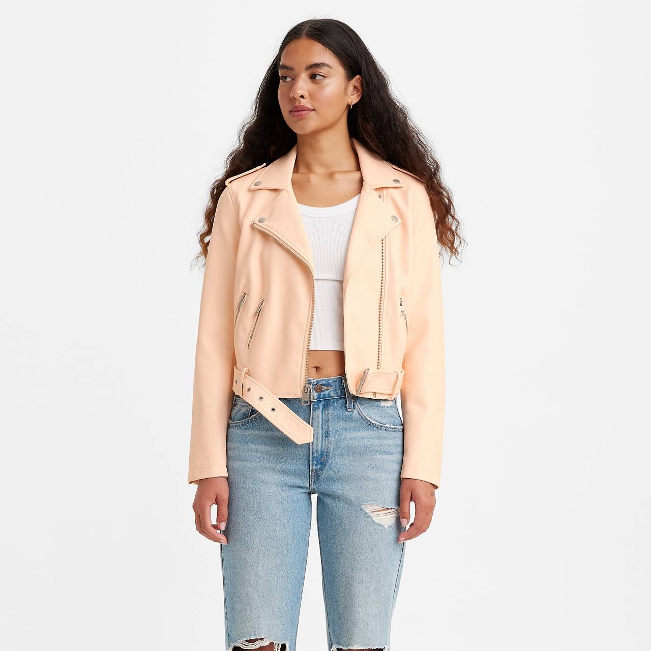 BELTED FAUX LEATHER MOTO JACKET - 1