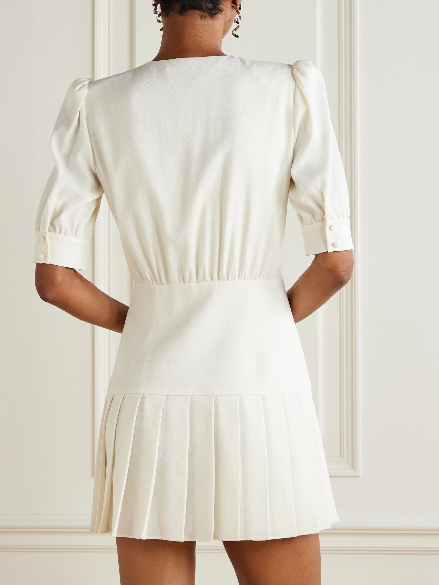 Crystal-embellished pleated wool-blend crepe mini dress White - 3