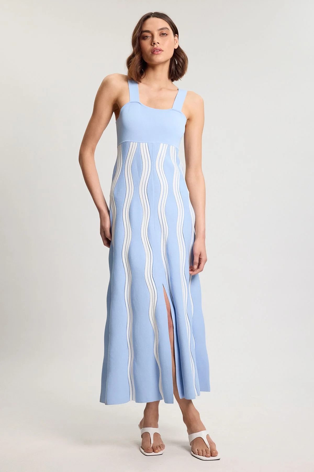 Contrast Wave Knit A-Line Knitted Strappy Dress - 1