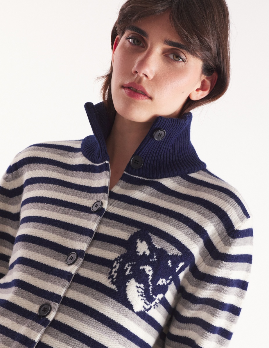 FOX HEAD INTARSIA STRIPED HIGH NECK CARDIGAN - 4