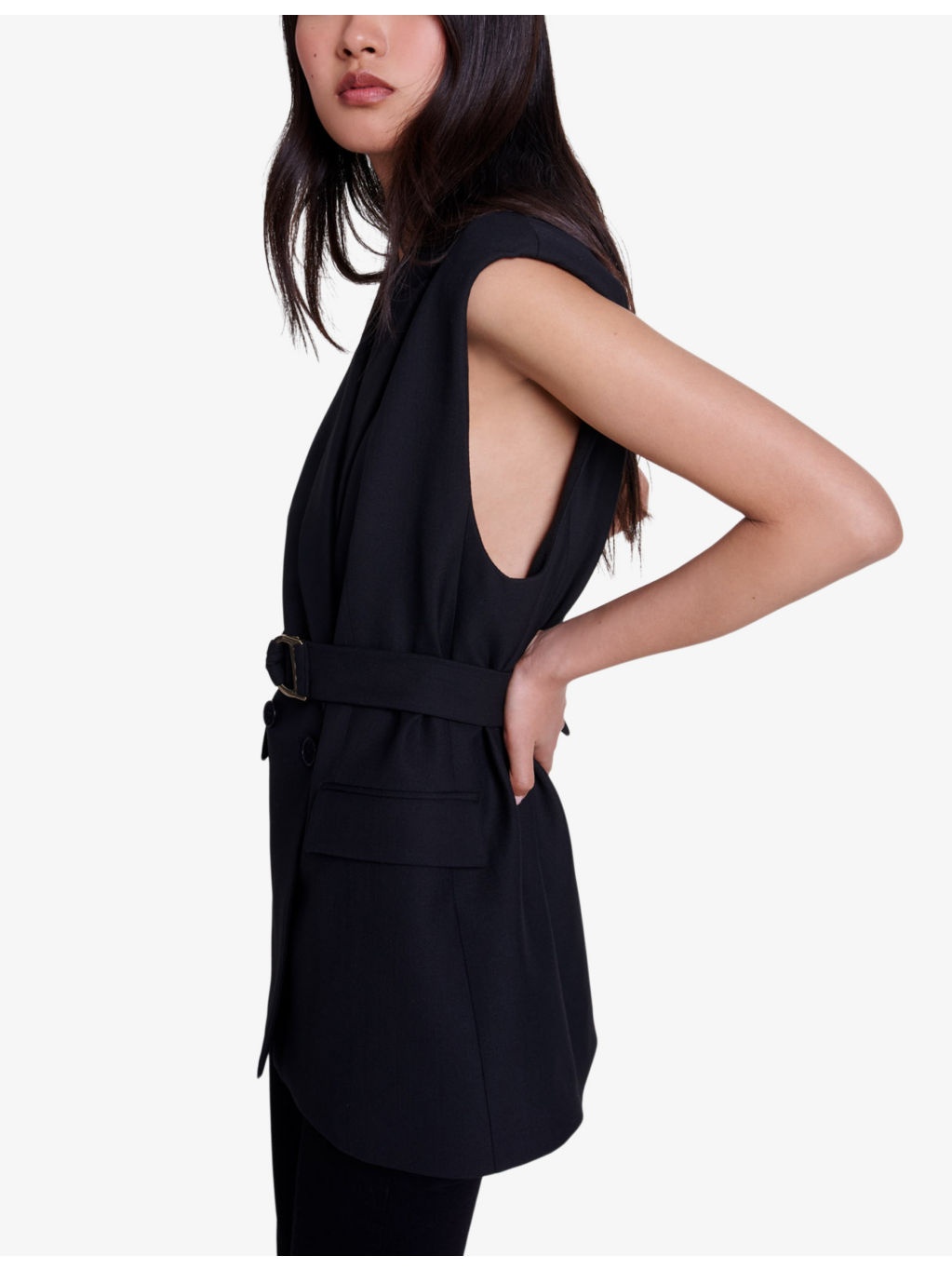 Belted-waist double-breasted sleeveless stretch-woven blazer - 3