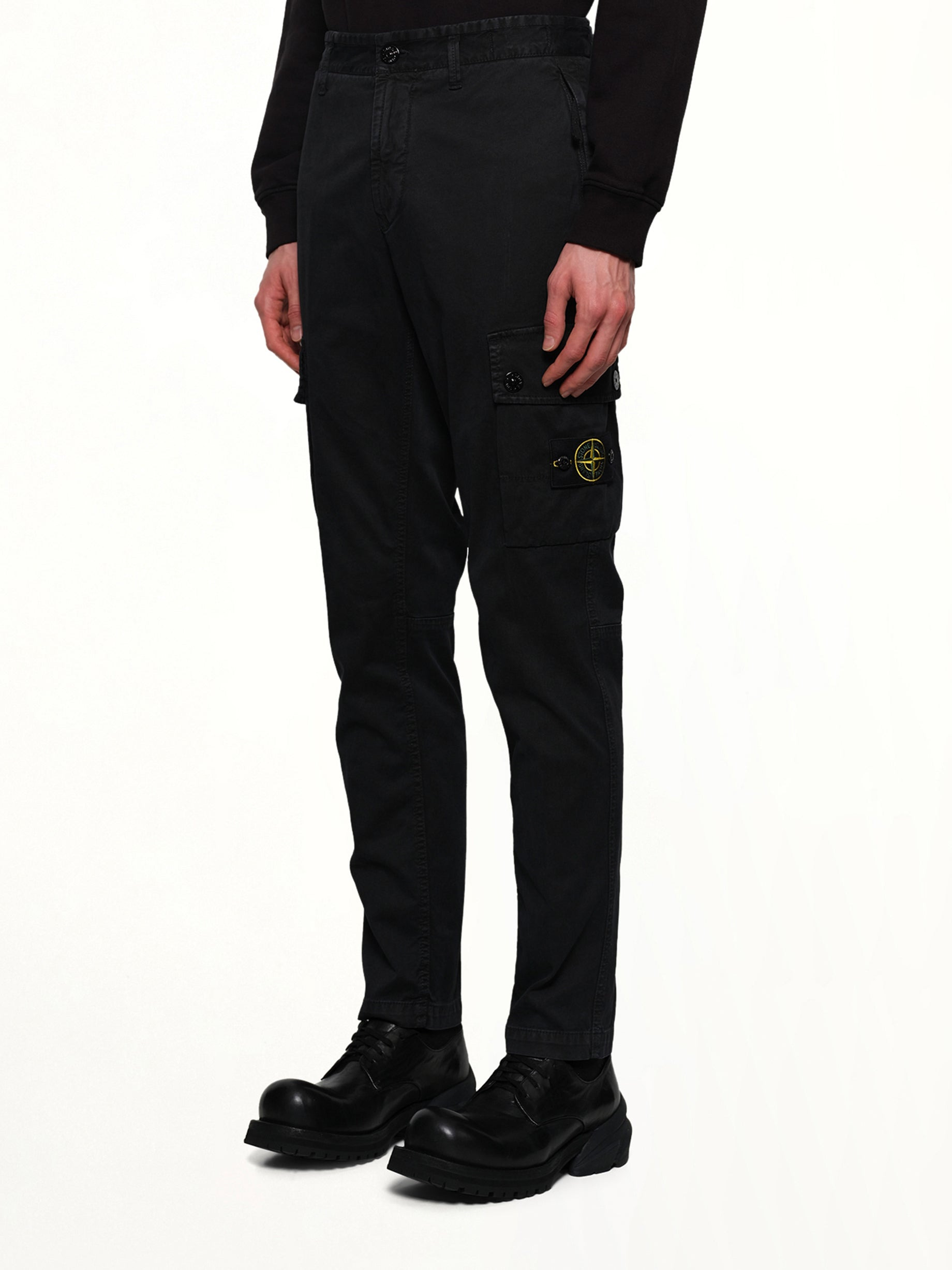 3100034 Stretch Organic Broken Twill Cotton 'Old' Effect Cargo Pants in Black - 3