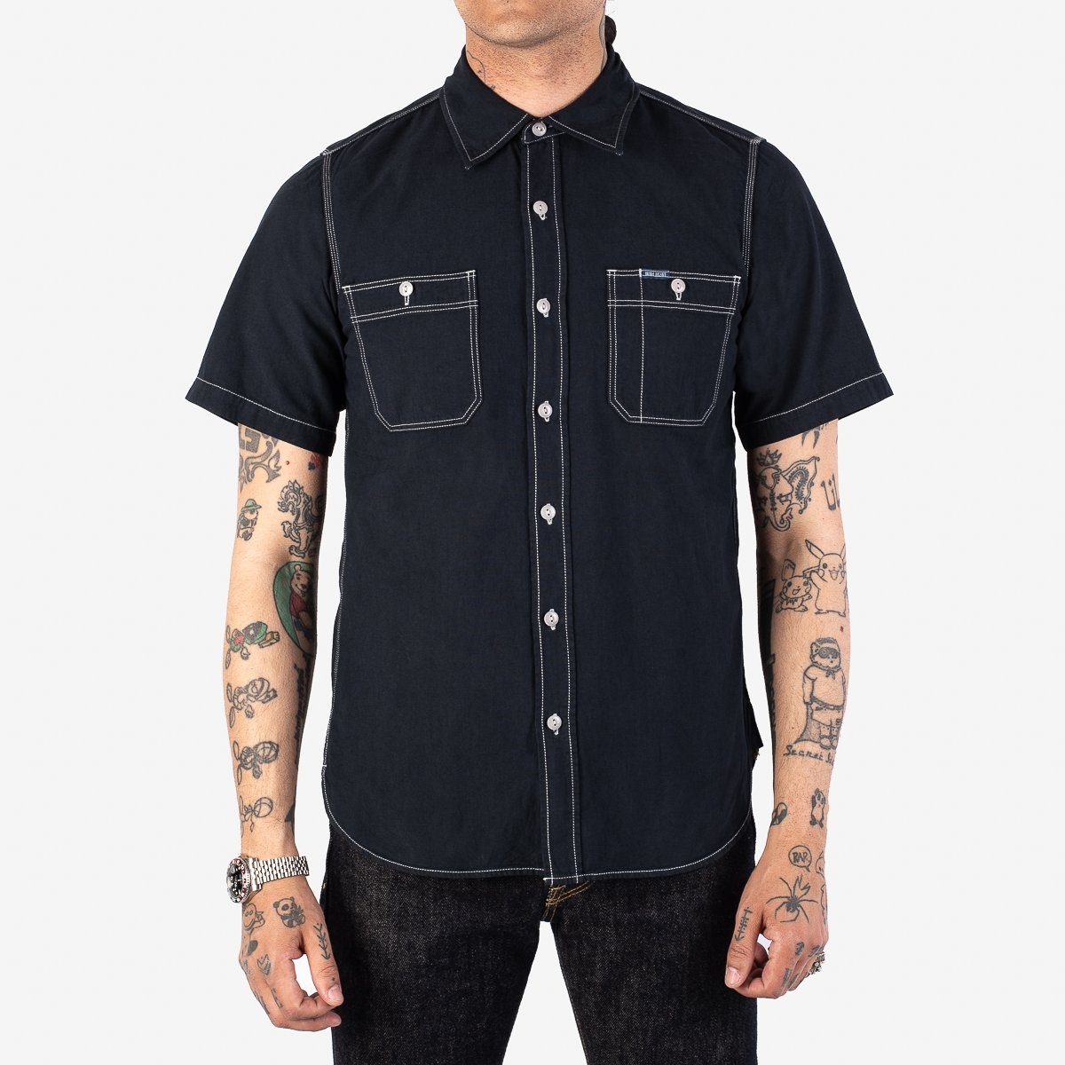 IHSH-285-OD 5.5oz Selvedge Chambray Short Sleeved Work Shirt - Indigo Overdyed Black - 2