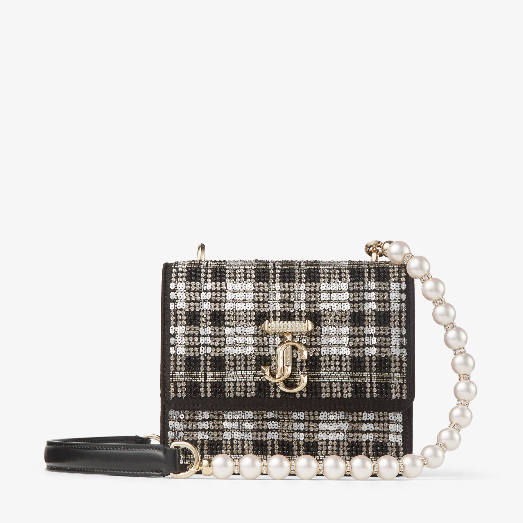 Avenue Quad XS
Black Satin Beaded Tartan Shoulder Bag with Pearl Strap - 6