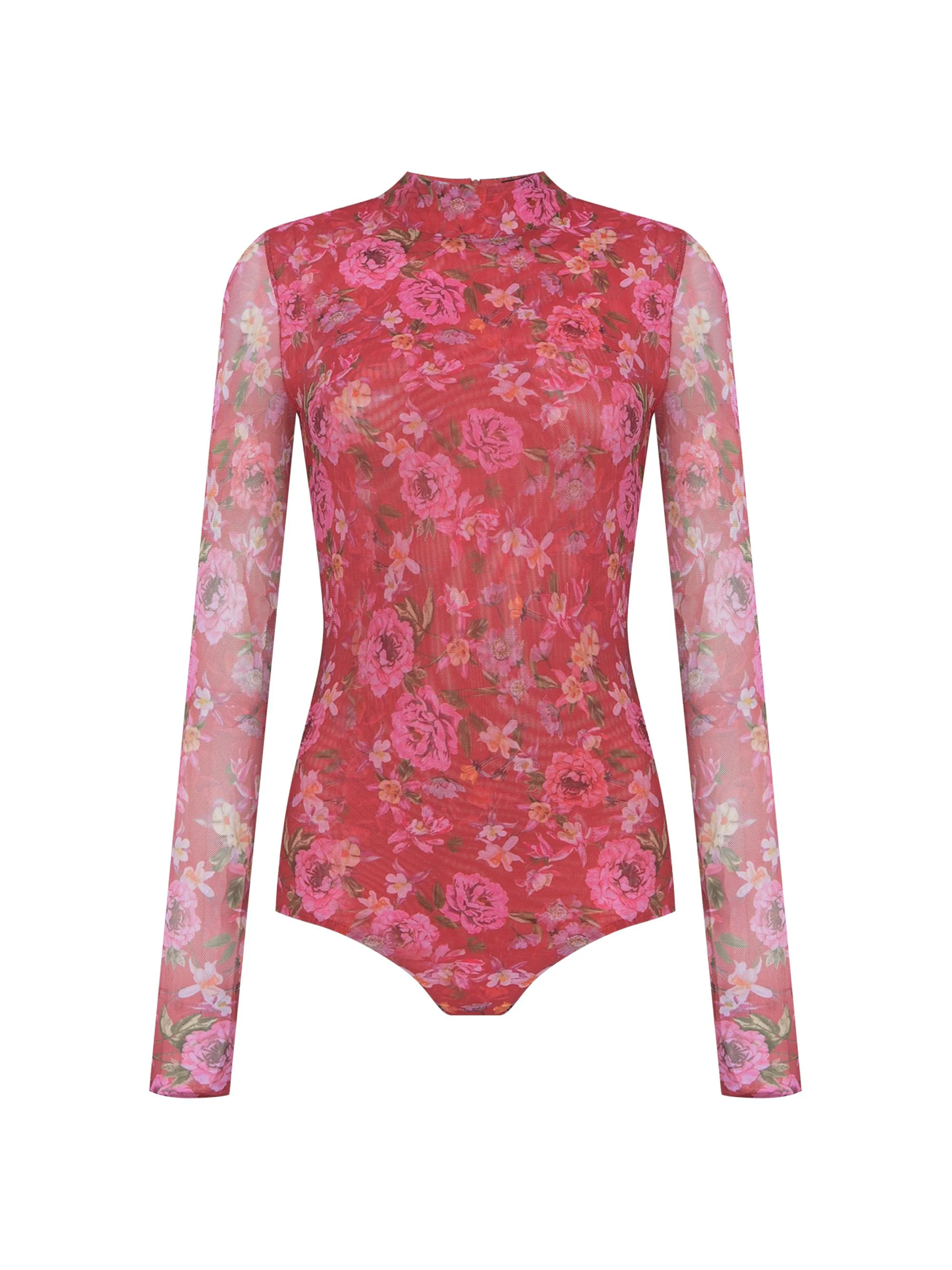 Women's Peony Floral Mesh Bodysuit - Red - 1