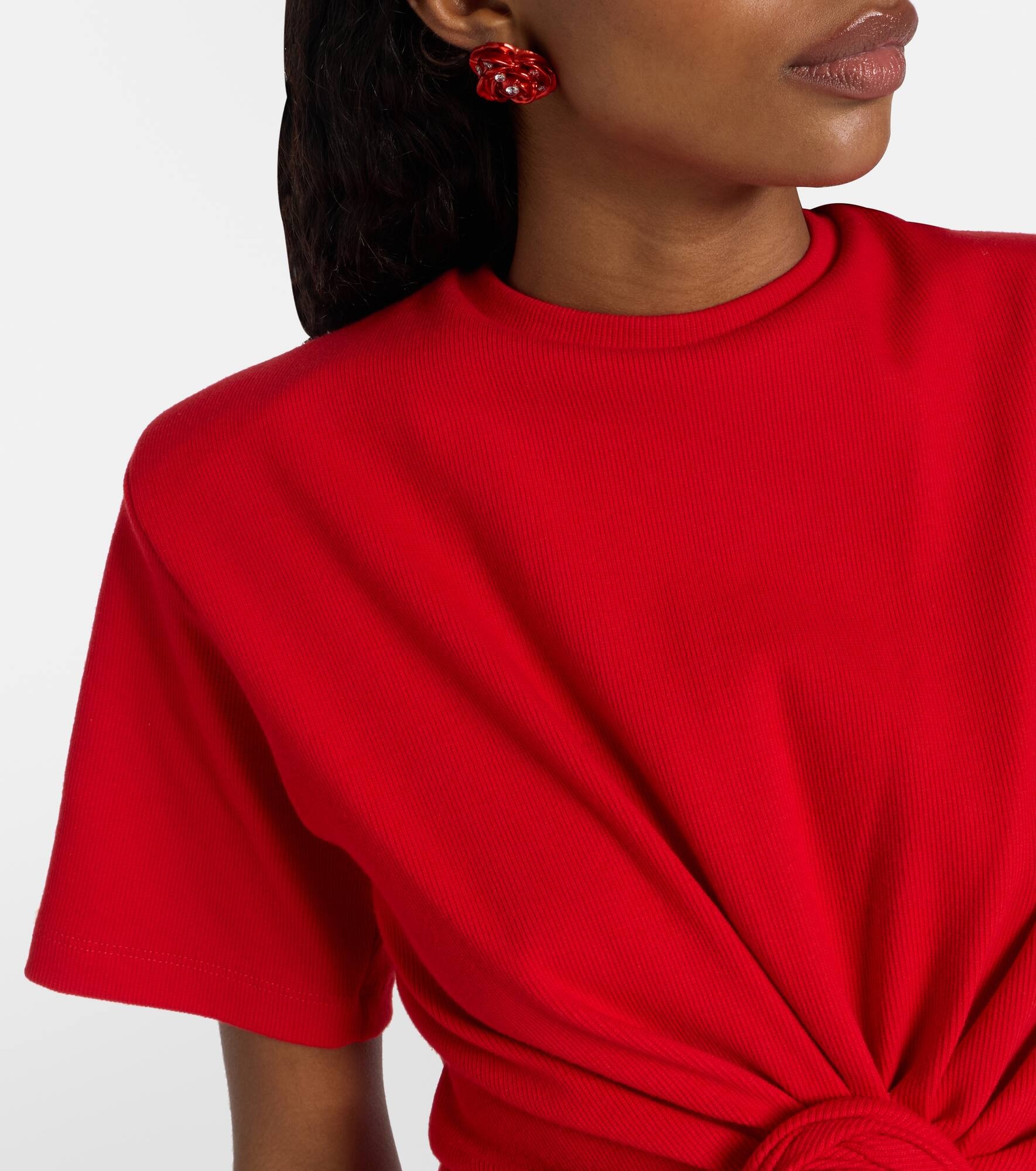 Knotted cropped cotton-blend jersey T-shirt - 4