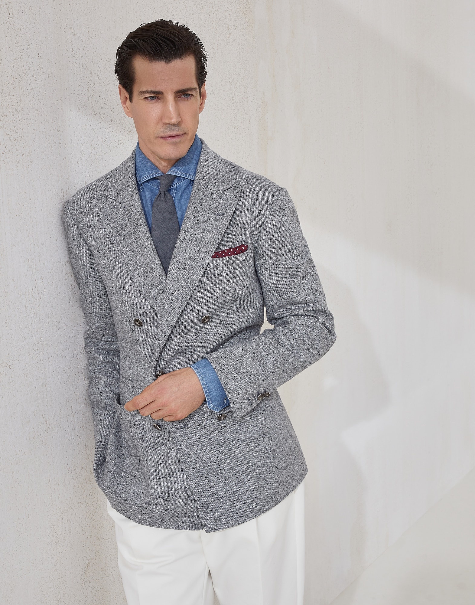Wool and cashmere flecked grisaille one-and-a-half breasted deconstructed blazer with patch pockets  - 4