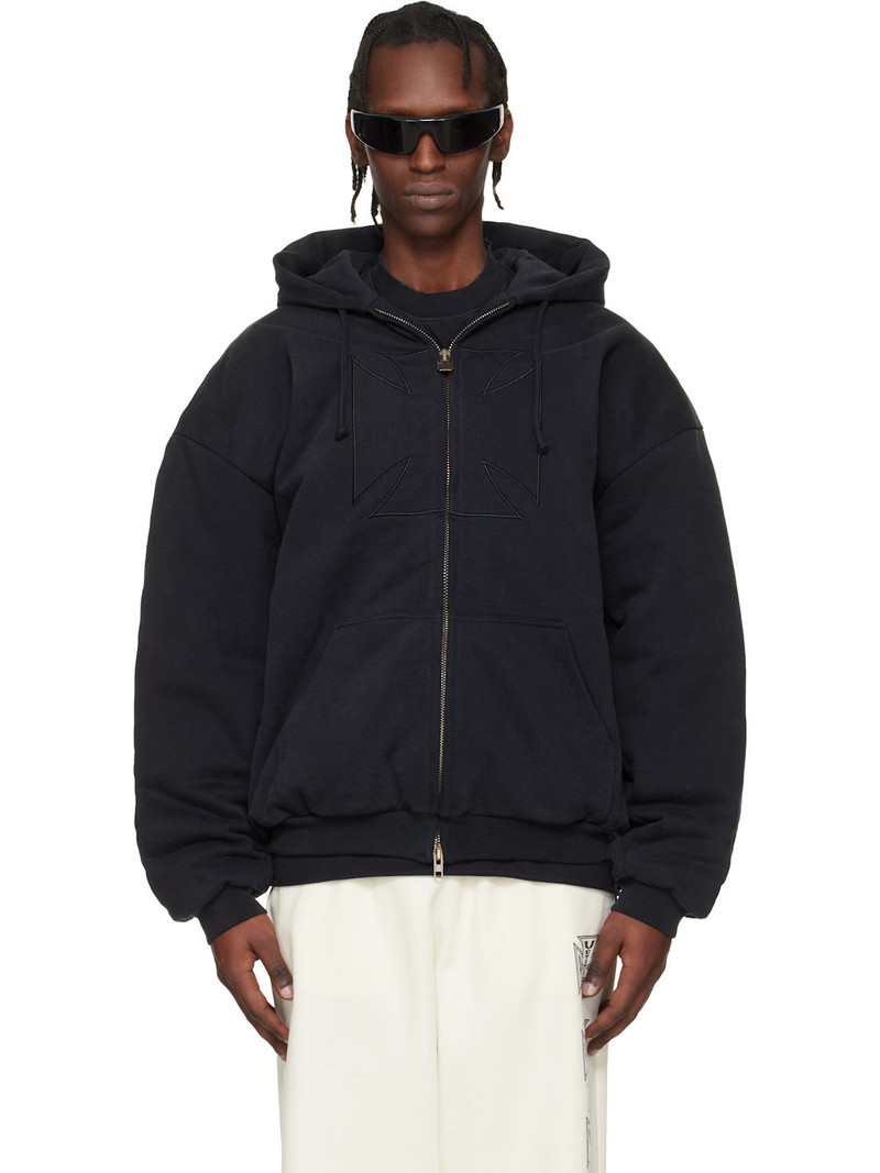 Black Embroidered Cross Padded Zip-Up Hoodie 1