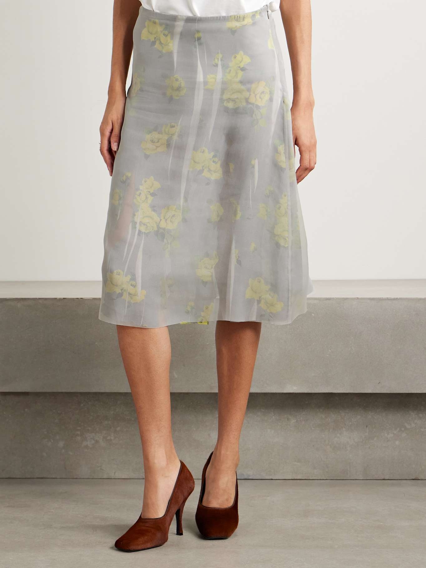 Layered distressed chiffon and floral-print crepe skirt Gray - 3