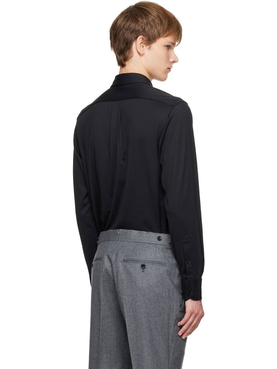 Black Silk Cotton Blend Button Down Shirt - 3
