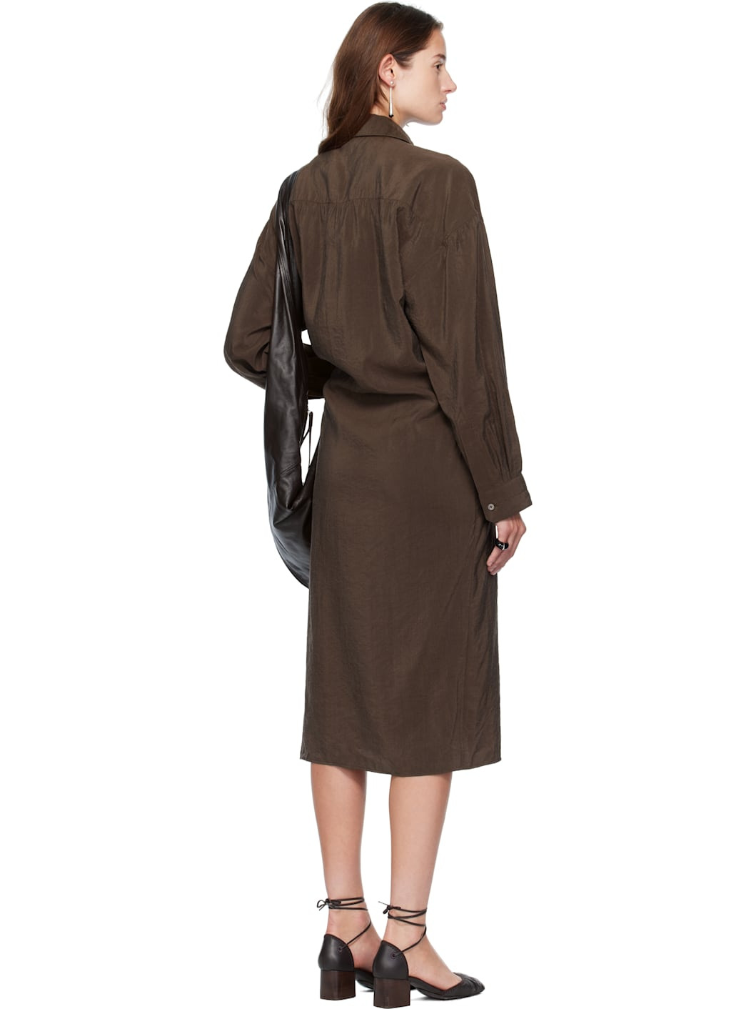 Brown Straight Collar Twisted Midi Dress - 3
