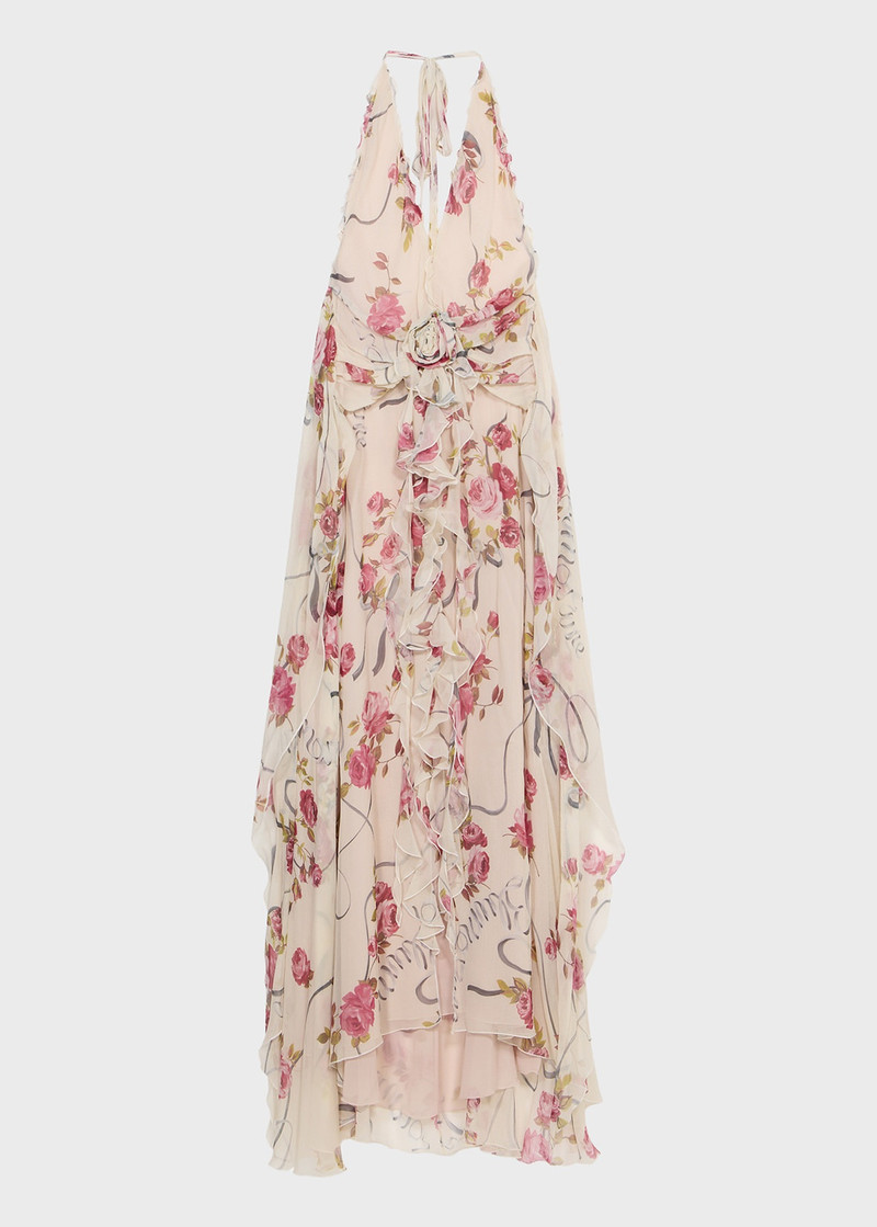 Blumarine RUFFLED LONG DRESS IN PRINTED CREPONNE WITH ROSE DECORATION -  2A647A-F7141 | REVERSIBLE